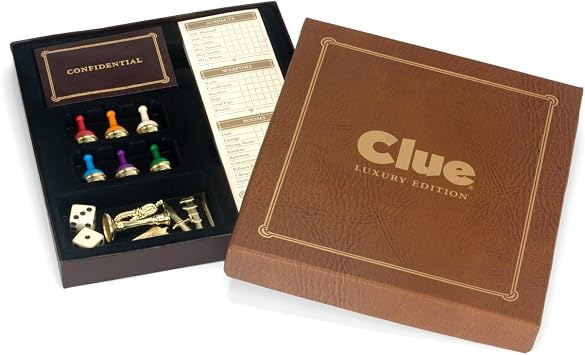 WS Game Company Clue Luxury Edition Board Game for 3-6 Players | Luxurious Wood Cabinet, 3D Rooms Under Glass, Metal Weapons, Weighted Movers, Faux Leather Storage, for Collectors & Adults
