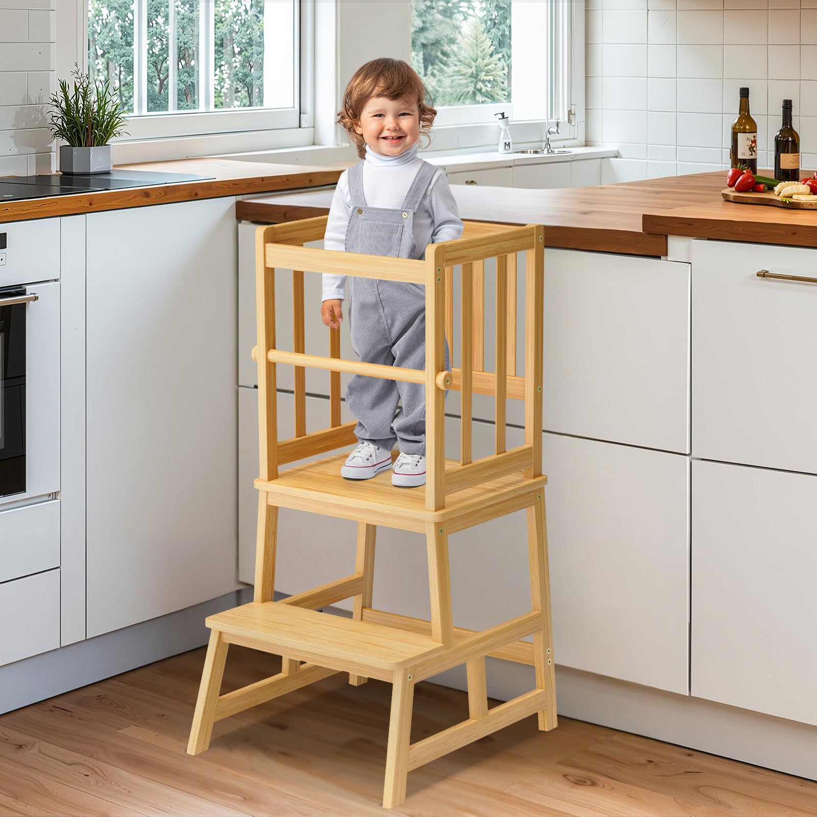 COSYLAND Kitchen Nursery Step Stool for Kids,Solid Bamboo Toddlers Standing Tower with Removable Safety Rail,Large Standing Tower for Kitchen Counter, Kids Learning Stool Natural Bamboo Finish