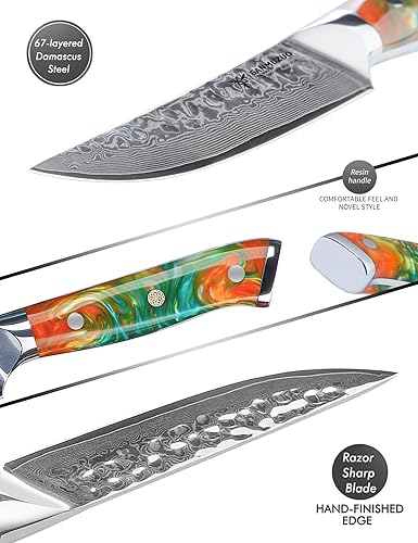 Vista 19 de Cuchillo Santoku de 7 pulgadas - Cuchillo japonés de chef - Mango de acero y resina de Damasco martillado - Serie YAO