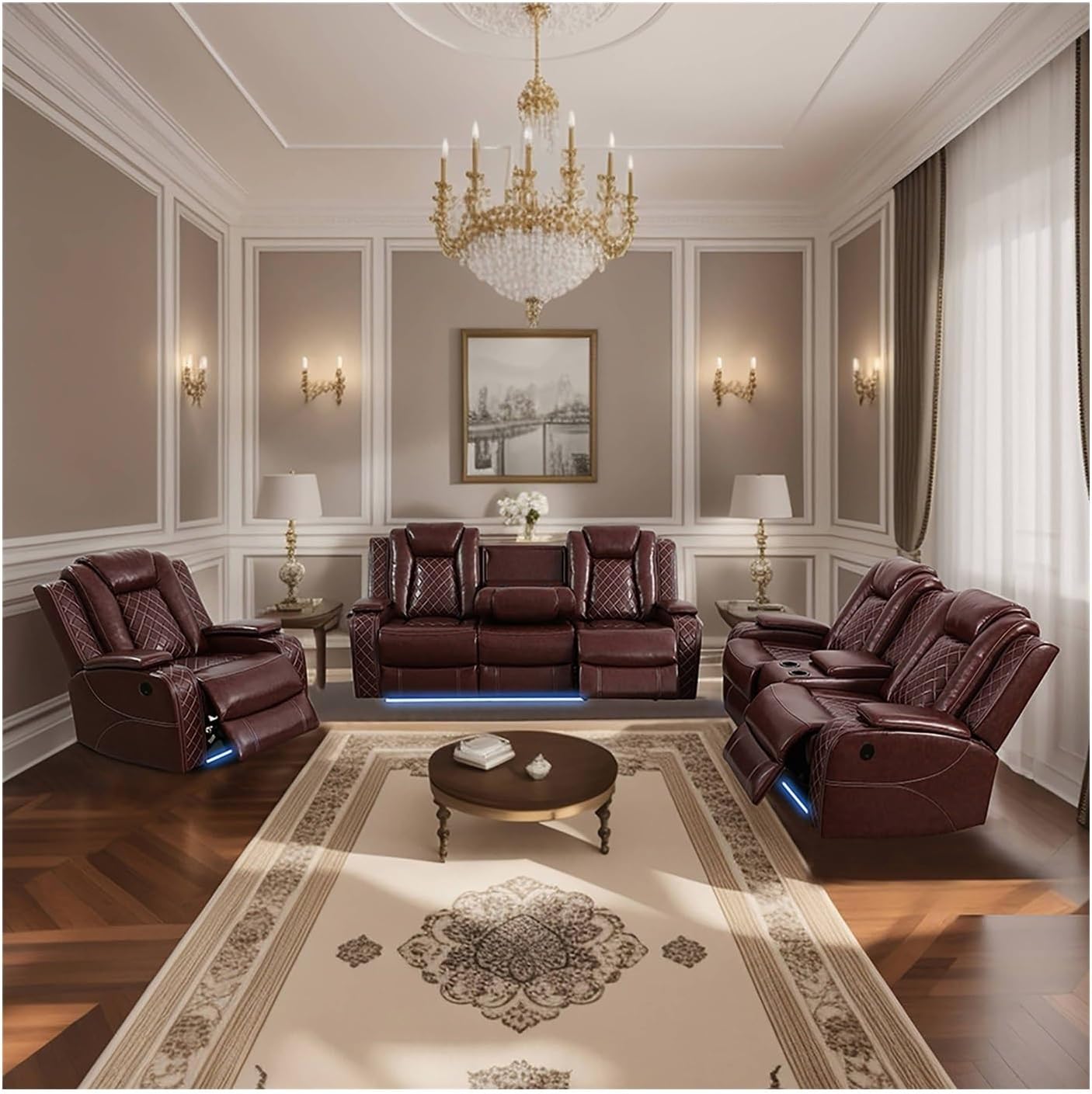 Recliner Sofa 3-Piece Set Brown Breathing Leather LED Lighting USB Charging Cup-Holder Living Room