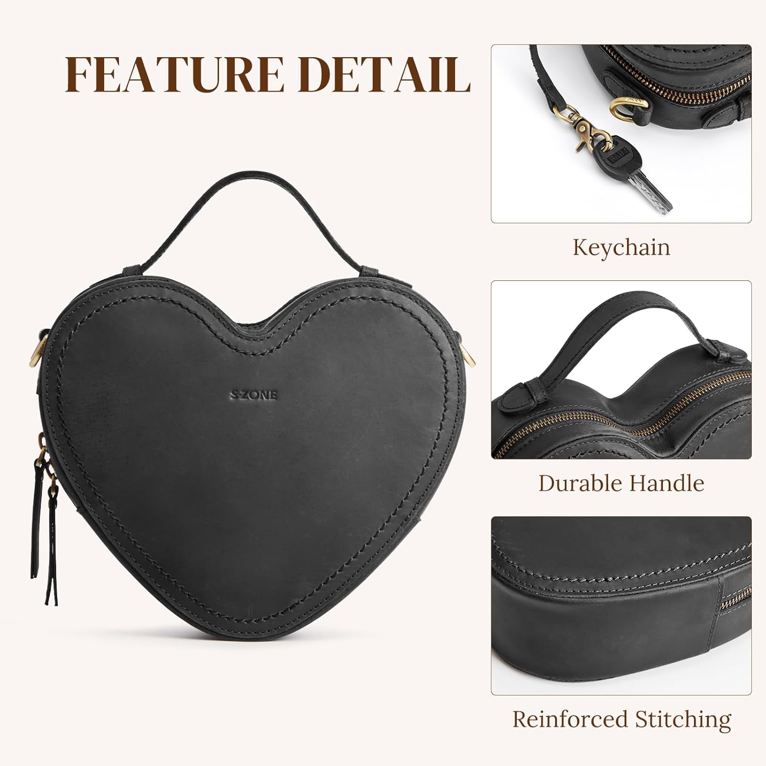 S-ZONE Leather Crossbody Bags for Women Heart Shaped Purse Small Designer Fashion Handbag with Adjustable Strap - Image 5