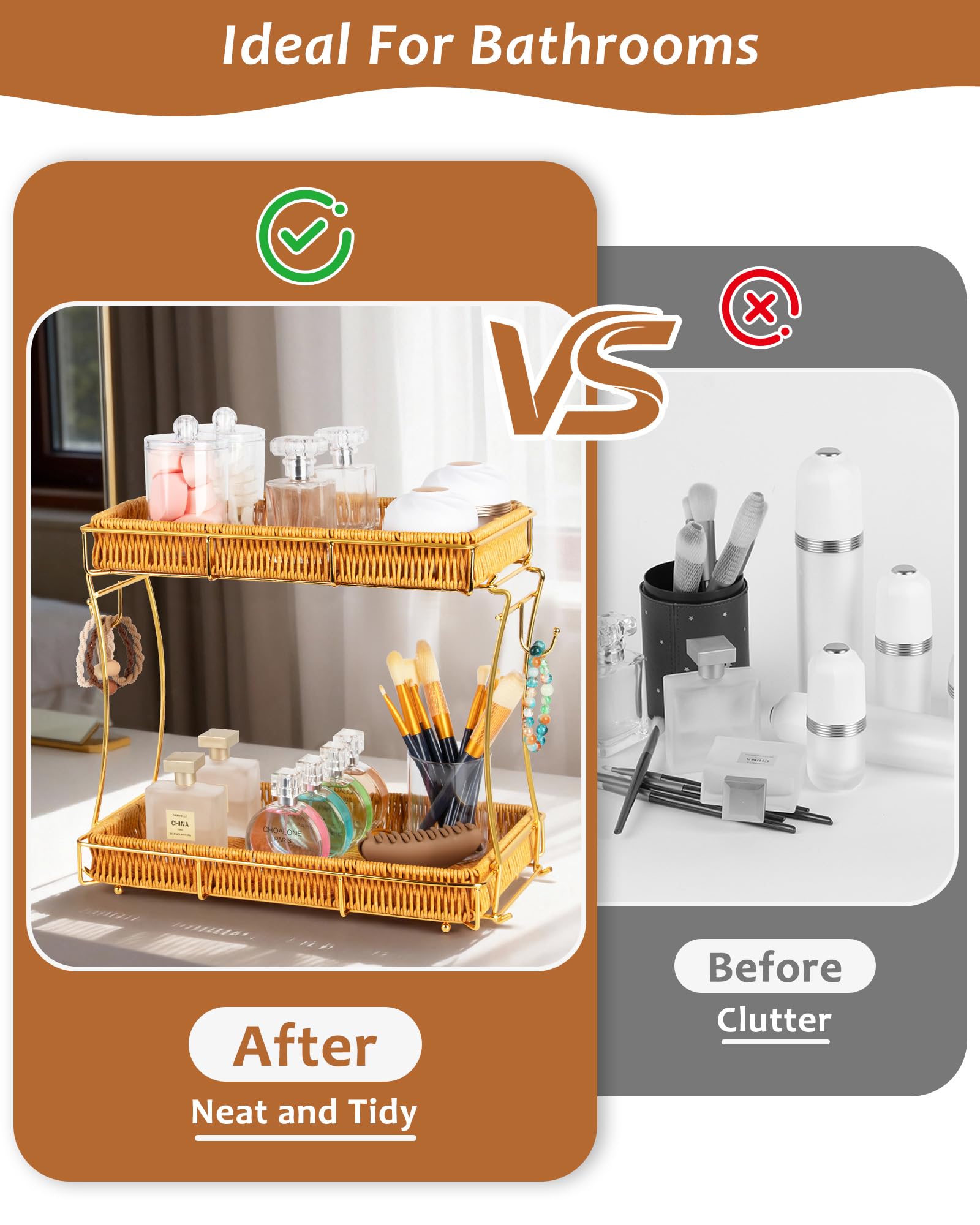 REFLYING Organizador de Baño 2 Niveles Desmontable, Organizador para Maquillaje y Perfumes,Estilo Ratán para Tocador, Almacenaje de Baño Dormitorio o Rincón de Café (Dorado)