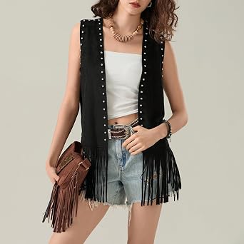 Women's Denim Tassel Jacket Vintage Lapel Long Sleeve Fringe Cropped Hippie Motor Biker Cardigan Outwears