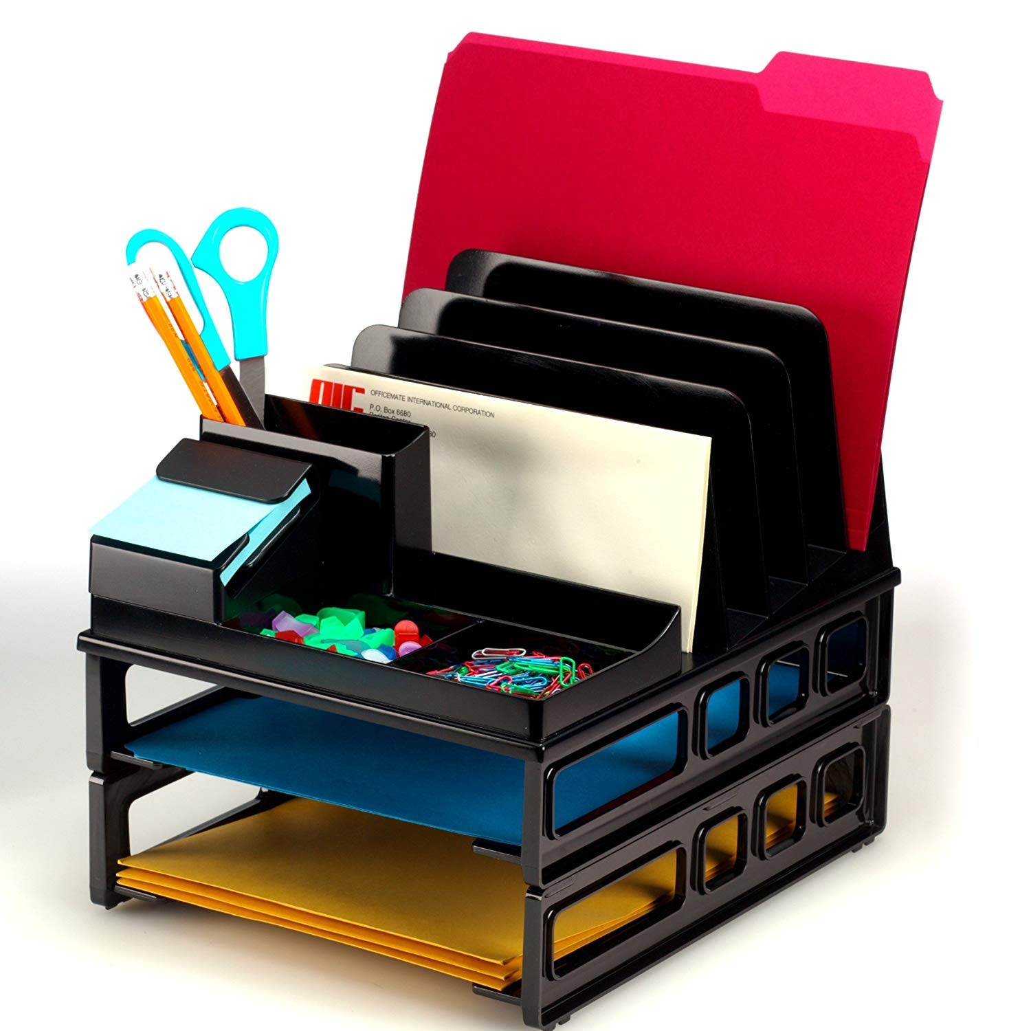 Officemate - Clasificador de carga frontal y organizador con dos bandejas para cartas, color negro (22132)