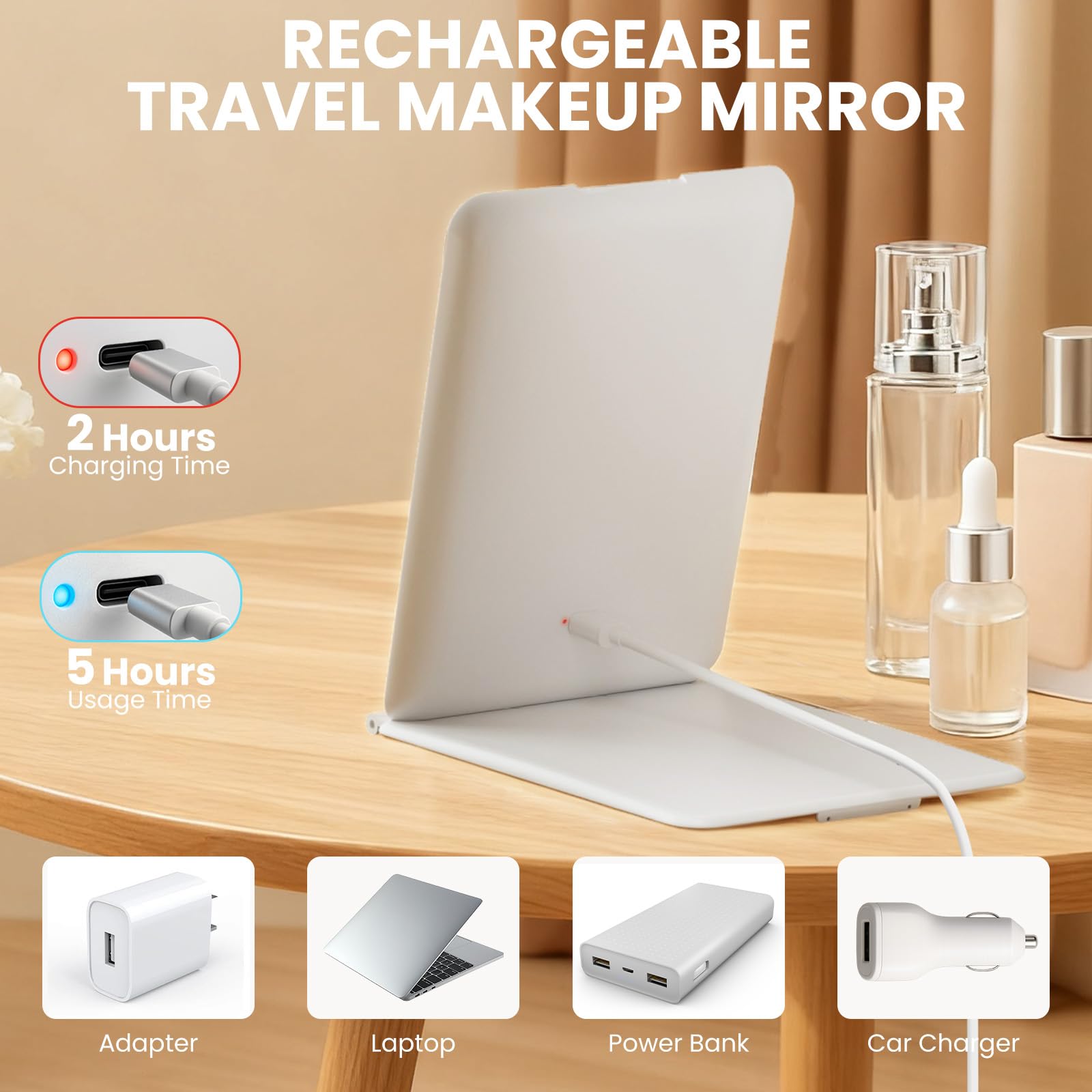 Miroir Maquillage Lumineux 72 LED 1500mAh Luminosité Ajustable 3 Modes Pliable Portable