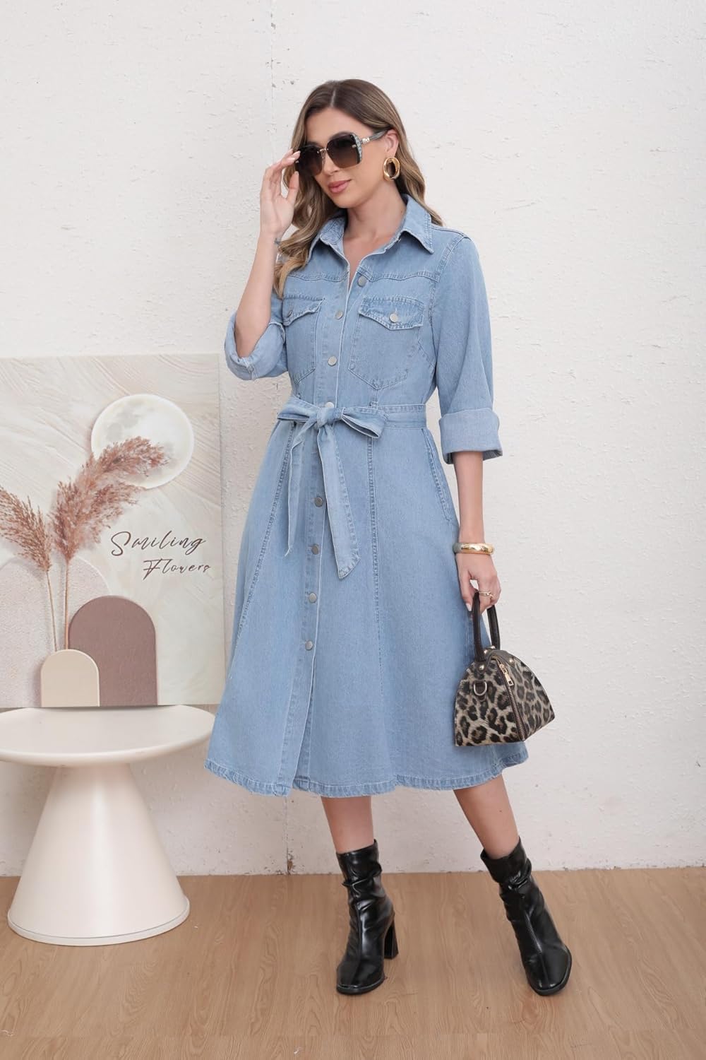 utcoco Denim Dress for Women 2025 Casual Belted Long Sleeve Button Down Midi Jean Dresses with Pockets - Image 5