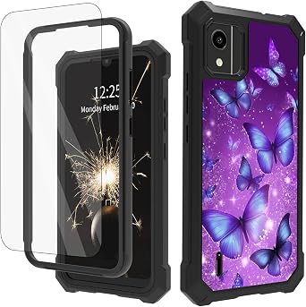 Case for Nokia C110 with Tempered Glass Screen Protector, Full-Body Protective Shockproof Rugged Bumper Cover, Impact Resist Durable Phone Case for Nokia C110,Purple Butterfly