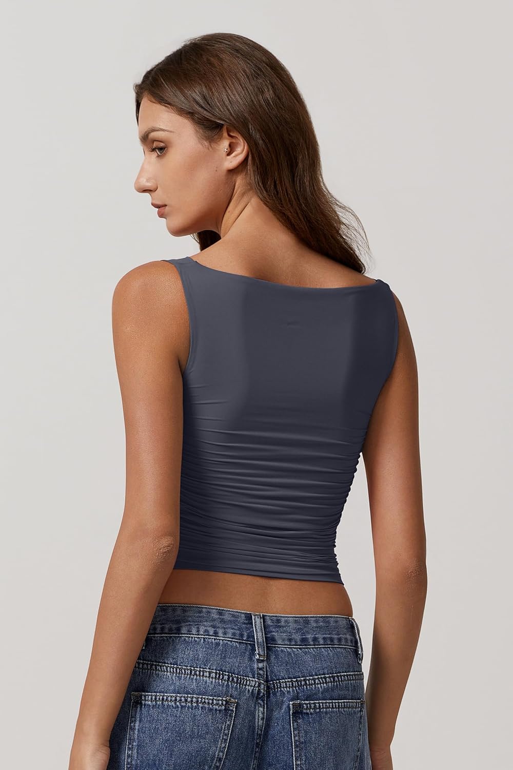 QINSEN Women's Cowl Neck Top Sleeveless Ruched Double Lined Crop Top Y2k T Shirts - Image 5