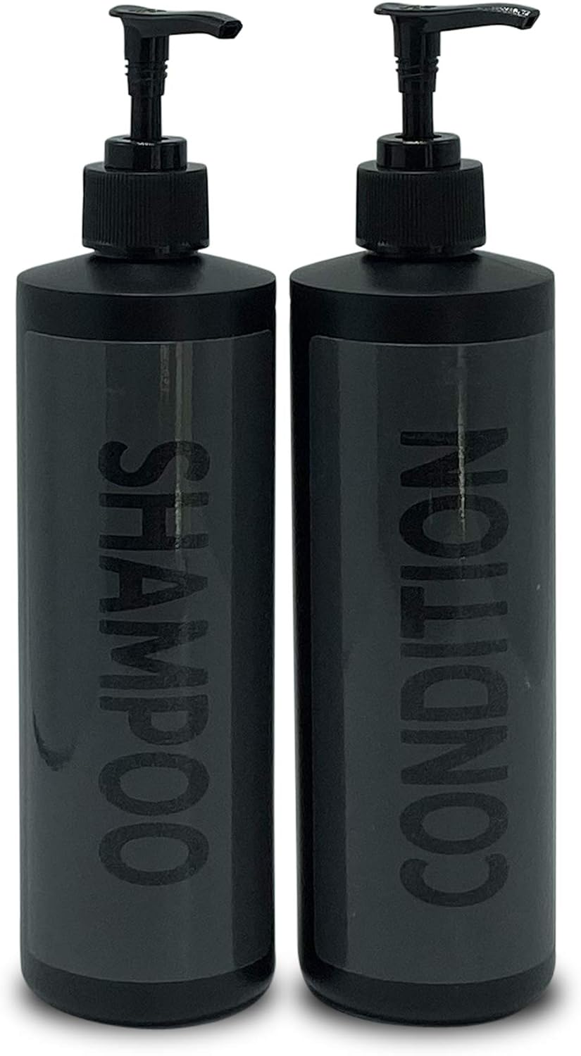 Modern Refillable Shampoo and Conditioner Dispensers by AylaMae | Black Cylinder 500ml / 16.9oz PET Plastic Bottles with Leak Proof Pumps | Pre-Applied Water Proof Labels