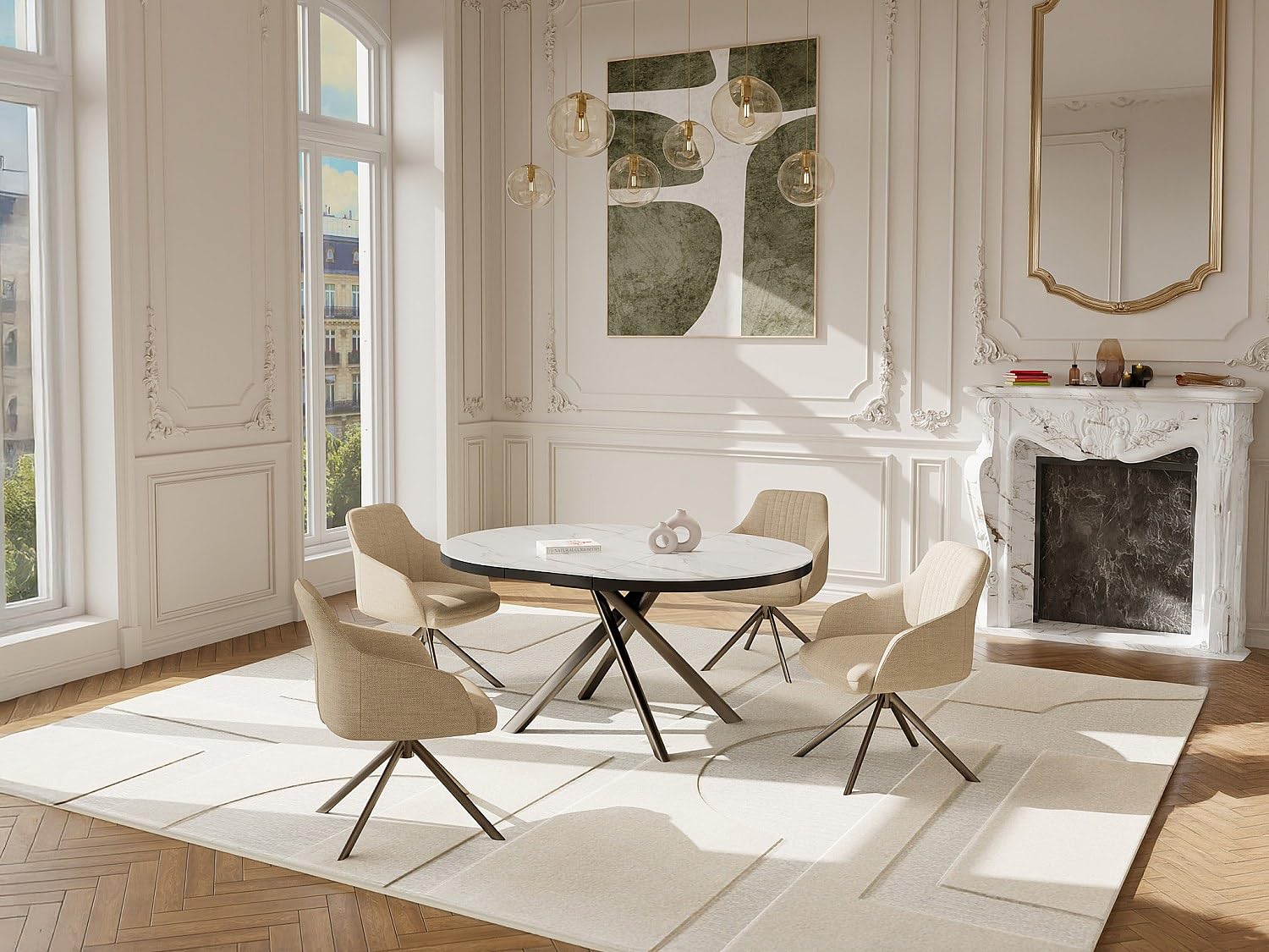 Vente-unique - Table à Manger Extensible 4 à 6 Personnes en céramique, MDF et métal - Effet marbre Blanc et Bronze - FEROLA