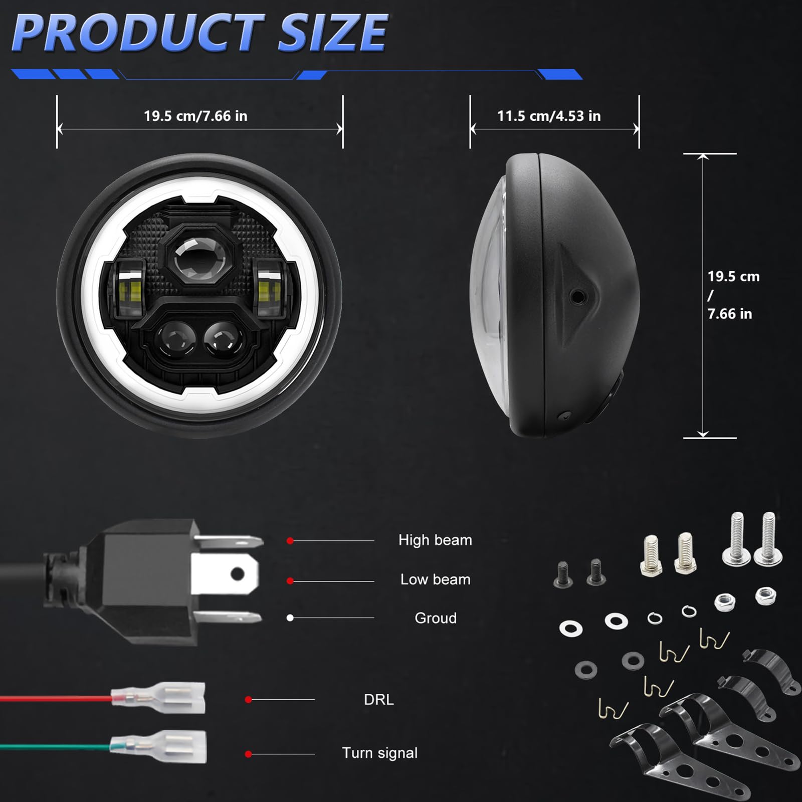 Shkalacar Reflektory samochodowe LED do motocykli, 7" LED, przednie reflektory motocyklowe z wiadrem obudowy i kierunkowskazy wiązki górnej/niskiej, narożne oczy DRL, okrągły reflektor LED