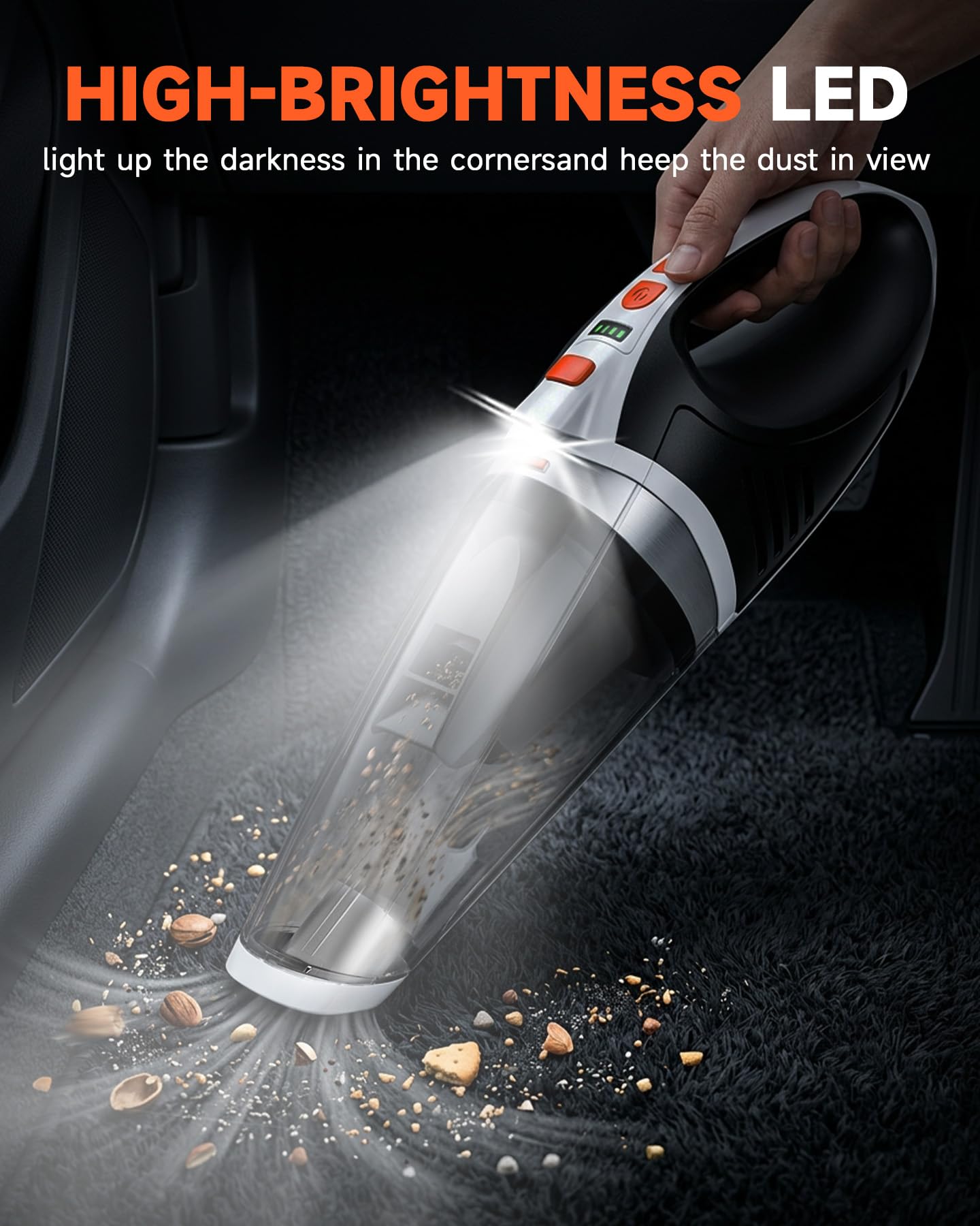 TANYO Aspirabriciole Senza Fili 4 IN 1, 12000PA Potente Aspirapolvere Auto con Motore Brushless, Mini Aspirapolvere Portatile con Filtro HEPA e Multipli Accessori, per Capelli, Casa, Ufficio, Cucina