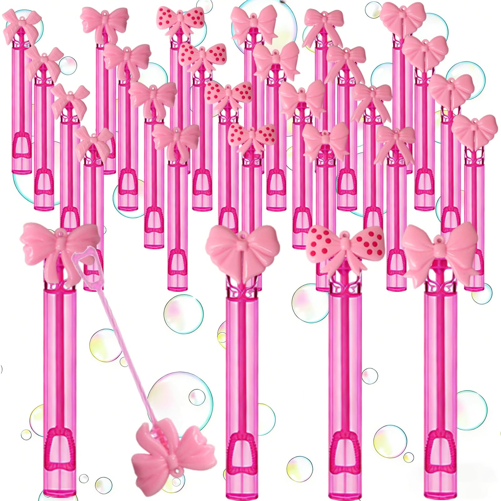 24 Pcs Pink Bow Bubble Wands - Princess Themed Bubble Makers, Piñata Stuffers & Goodie Bag Fillers for Birthday Party Favors, Bridal Shower Decor,
