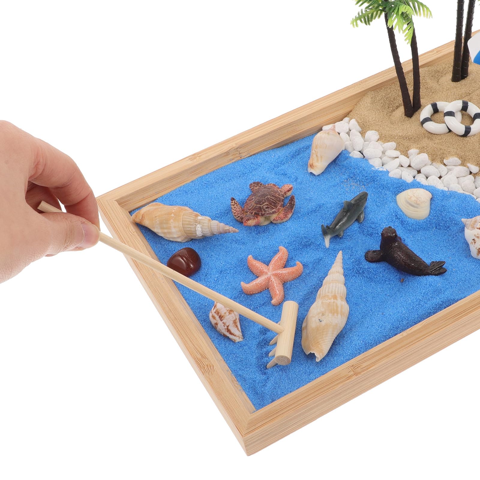 Mini Jardín Zen de Arena Japonés para Escritorio 28x19x2.5 Cm, Caja de Arena Decorativa Tema de Playa Oceánica, Micropaisaje Creativo para Decoración del Hogar y Oficina