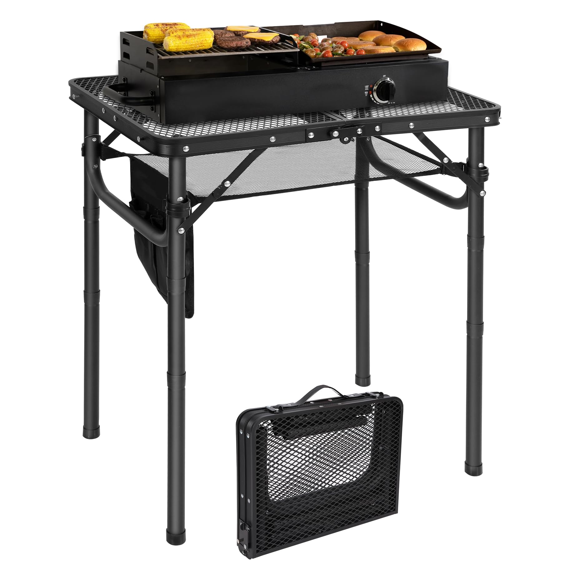 REDCAMP 60 x 40 cm Table de Camping Pliable,Table de Barbecue Pliable Portable avec Bureau, pour Camping, Cuisine, Barbecue, Pique-Nique, Facile à Monter avec Pieds réglables en Hauteur, Noir