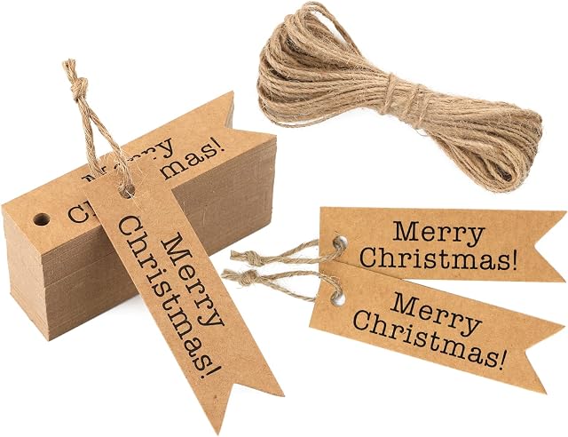 Merry Christmas Gift Tags, 100Pcs Brown Christmas Tags,7x2CM Mini Tags,Christmas Kraft Paper Hang Tags with 20M Jute Twine for Christmas Decorations