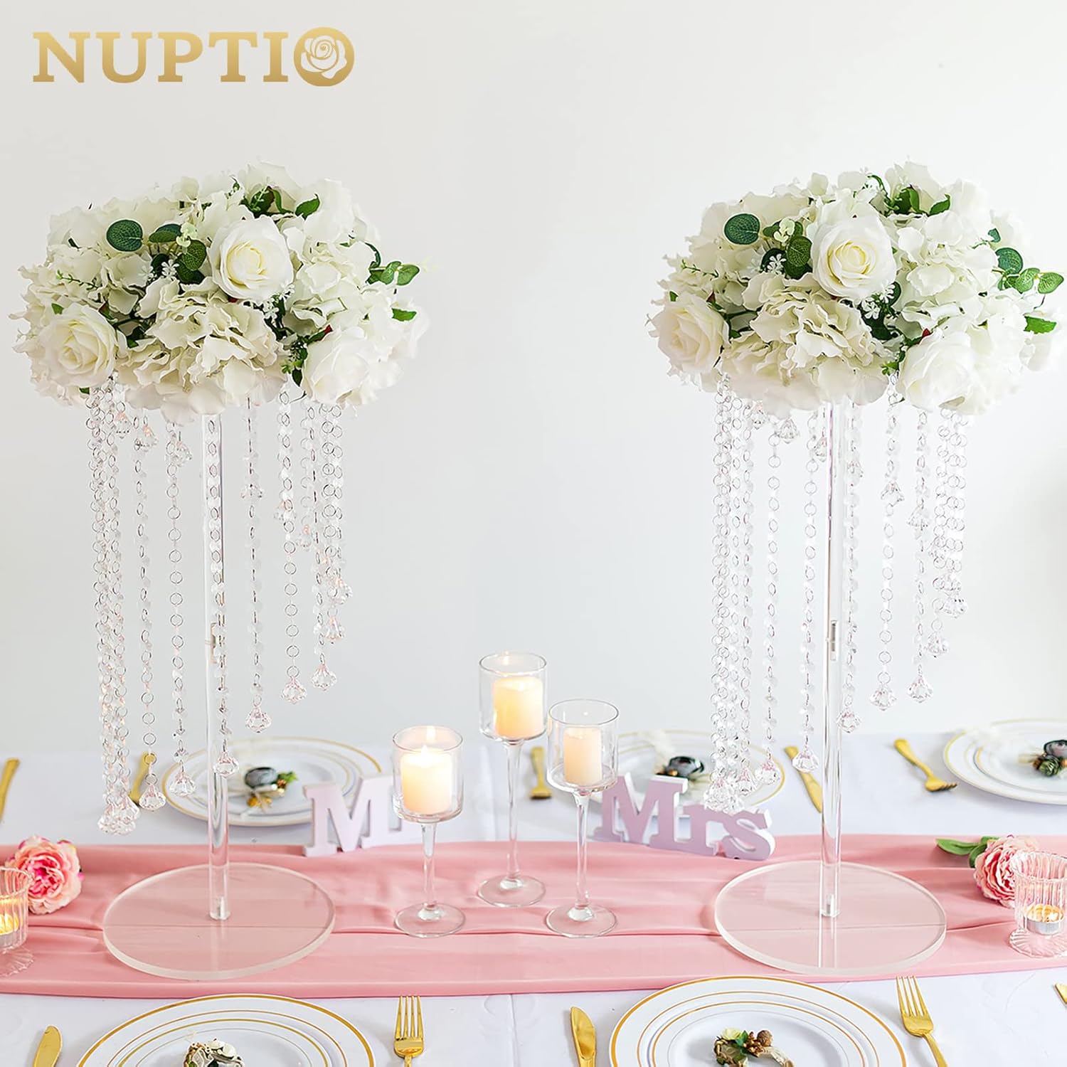 Nuptio Flower Vases Wedding Centerpieces - 10 Pcs 23.6 inches Tall Acrylic Vase Stands for Crystal Centerpiece Table Decorations - Elegant Geometric Flowers Stand for Party Weddings Tables Decoration