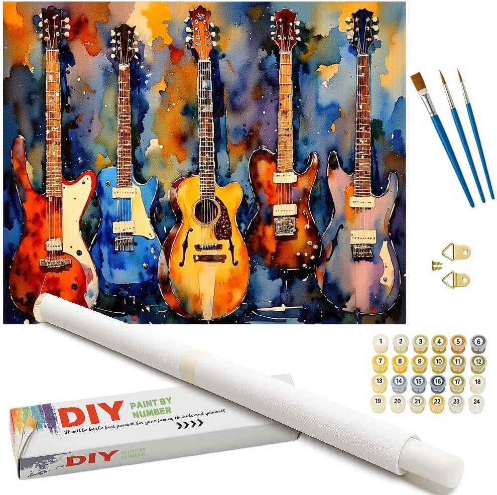Music Paint by Numbers Kit for Adults - DIY Colorful Guitar Collection Painting on Canvas, Acrylic Paint Set, Suitable for Beginners, Art for Home Decoration or Gifts(8X12IN Framed)