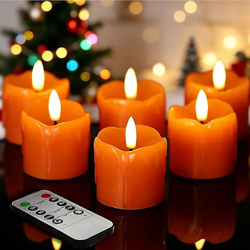 Eywamage Velas votivas sin llama de Navidad naranja con pilas remotas, velas LED de cera goteante, juego de 6  2 pulgadas de alto