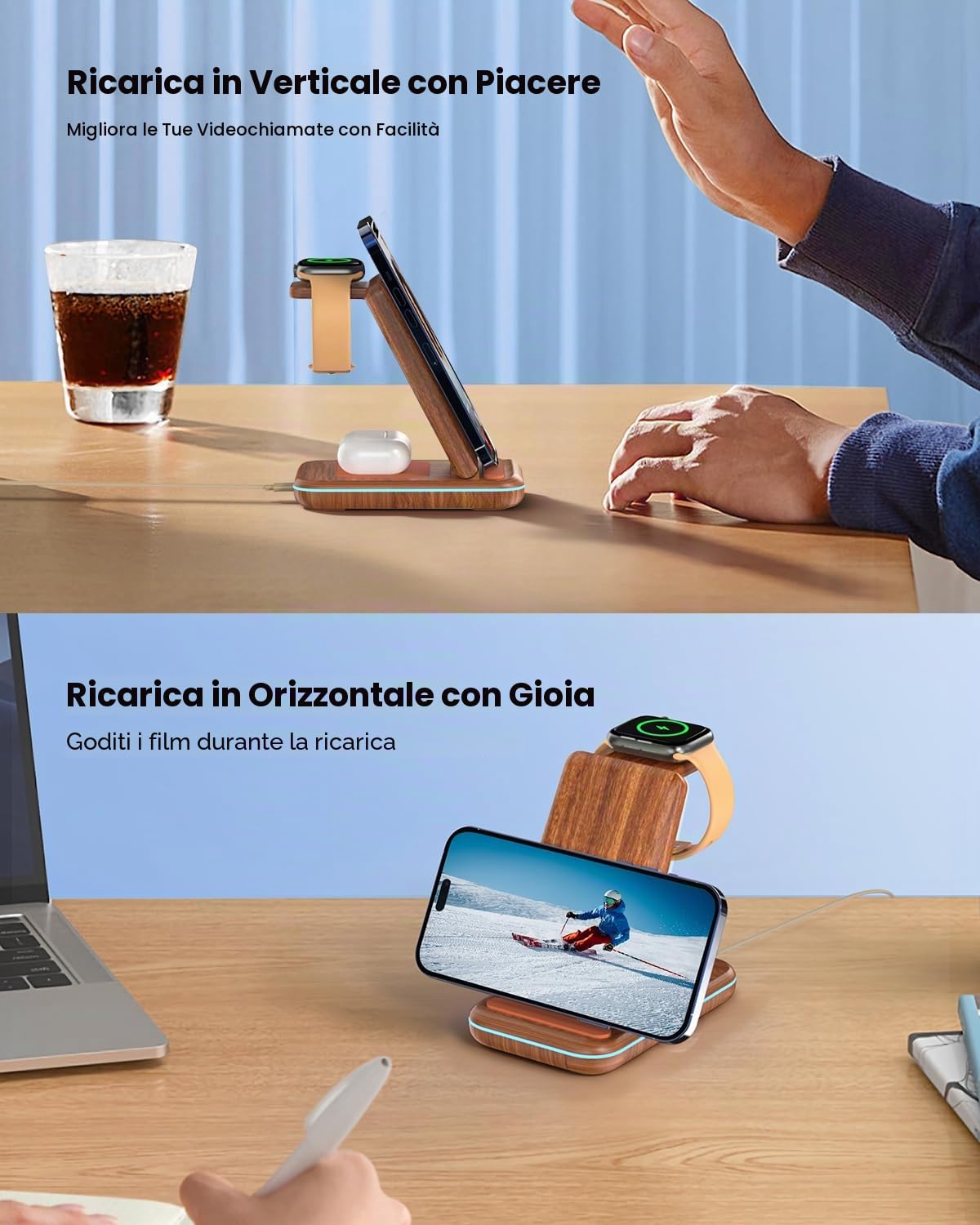 JoyGeek Caricabatterie Wireless 3 in 1, Pieghevole, per i Phone 17/16/15/14/13/12/11/Pro Max/X/8, Stazione di ricarica induttiva per iWatch 11/10/9/Ultra/SE-4, per Air Pods 4/2/3/Pro, Wood Grain