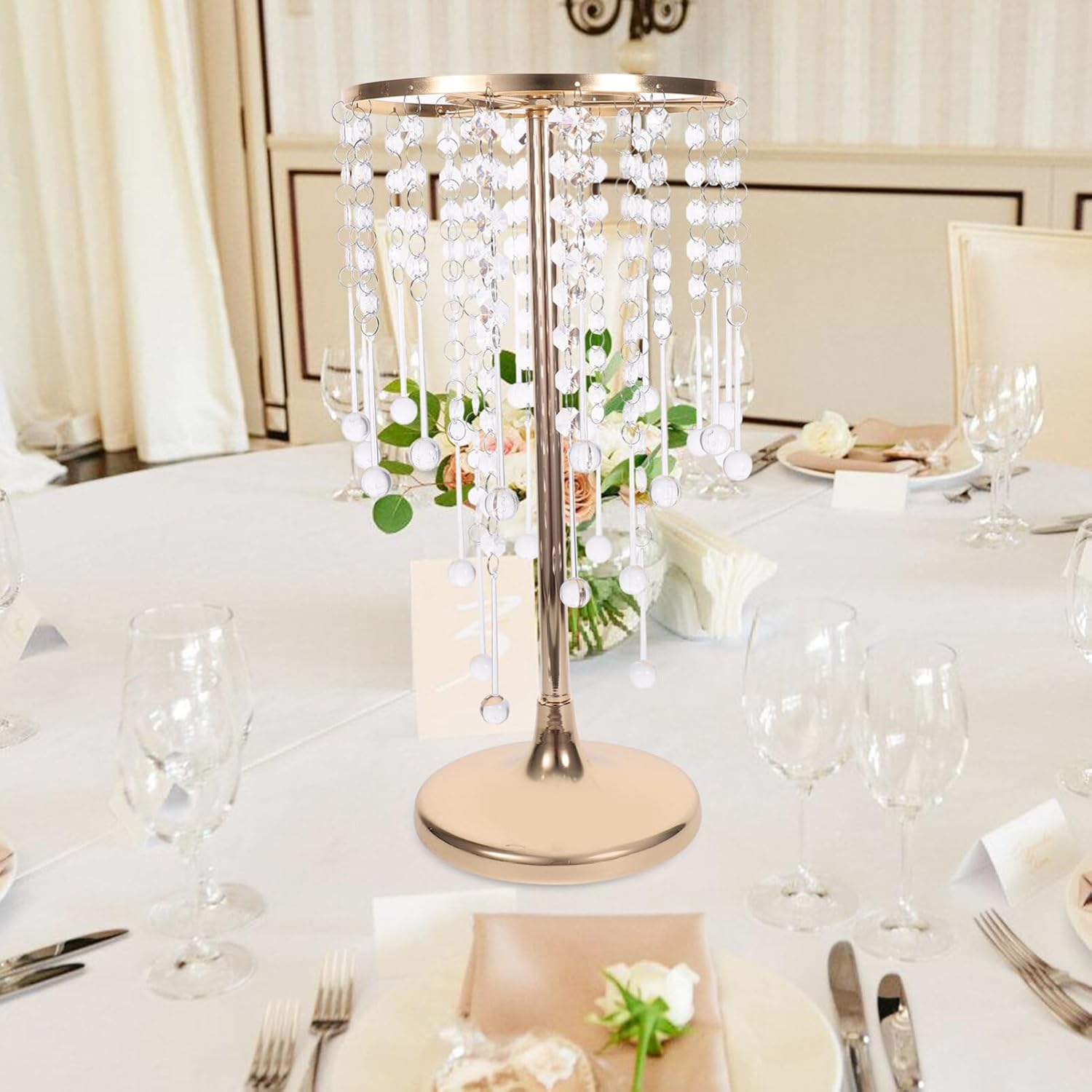 VOSAREA Wedding Metal Flower Stand with Chandelier Crystals Elegant Centerpiece Decoration Vase for Floral Arrangements for Weddings Parties and Home Decor Height