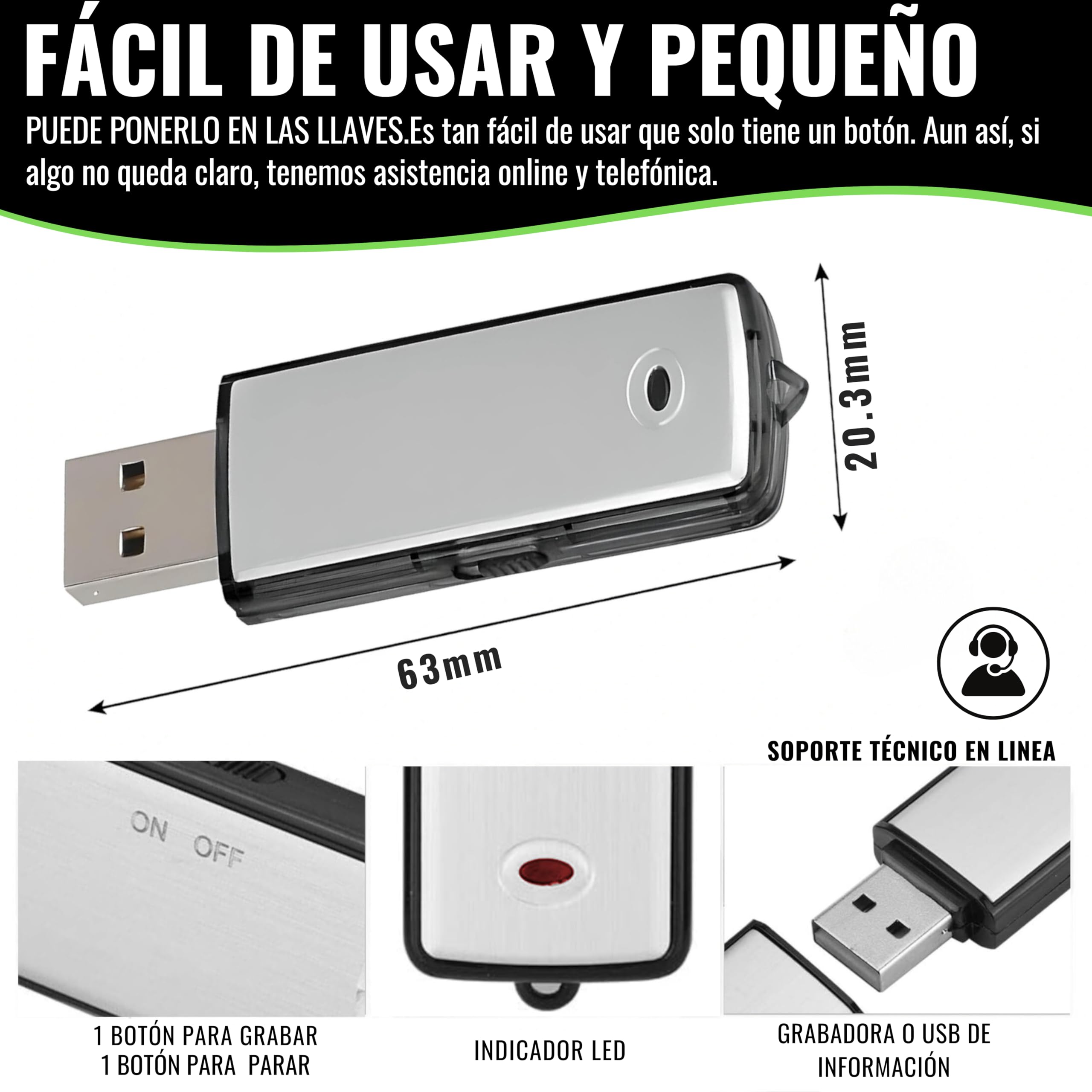 Grabadora de Voz Digital USB, Mini Grabadora de Voz Espia de 8 GB, Grabadora de Voz Pequeña Espía USB para Reuniones, Entrevistas, Conferencias, Clases, con Memoria para Varias Horas de Grabación N3
