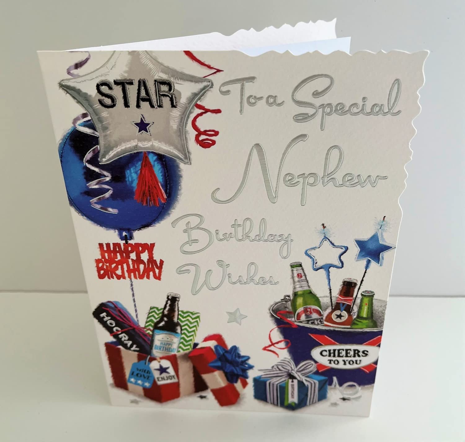 Geburtstagskarte Für Neffen – Buntes Design Mit Ballons, Bierflaschen & Geschenken, 145x194 Mm, Mit Umschlag