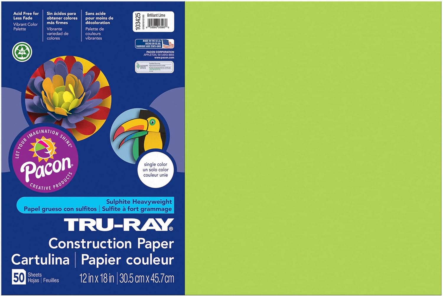 Tru-Ray Construction Paper, Brilliant Lime, 12" x 18", 50 Sheets Per Pack, 5 Packs