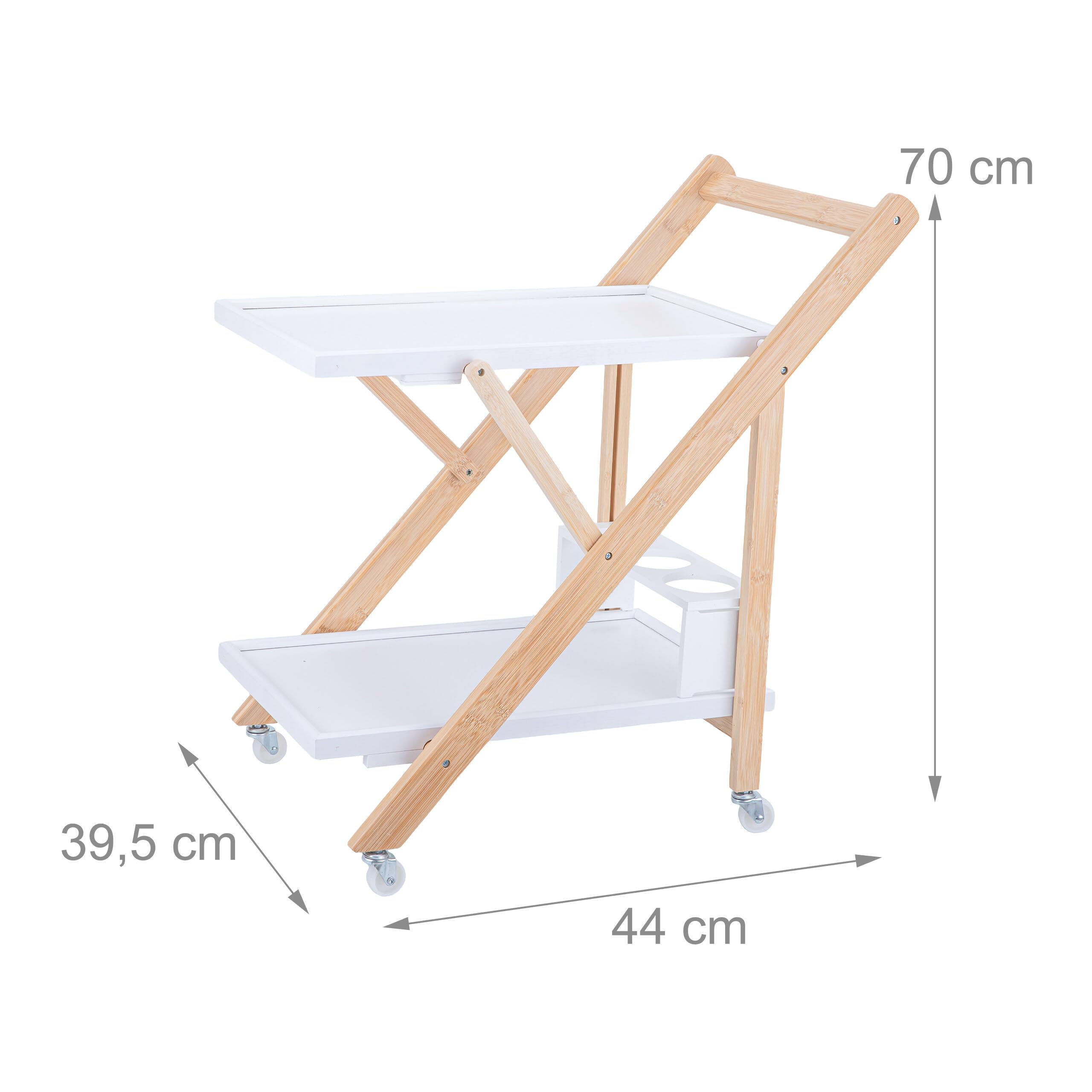 Carro de Servicio Relaxdays bambú, Carrito de Cocina, botellero, con Ruedas, 2 estantes, 70x44x39,5 cm, Blanco-Natural