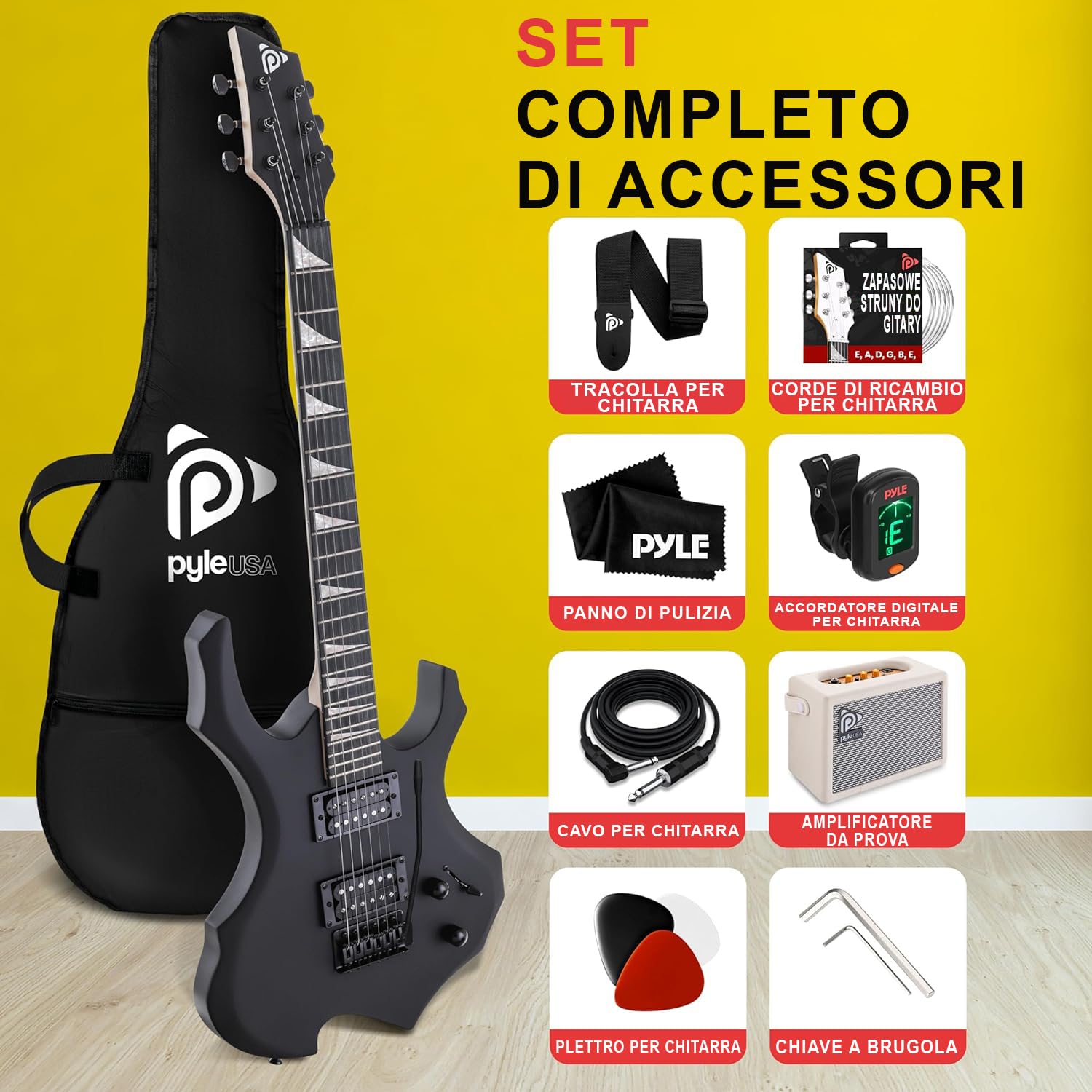 Pyle EG Fire Chitarra Elettrica Heavy Metal Full Size Kit Amplificatore Nero Opaco
