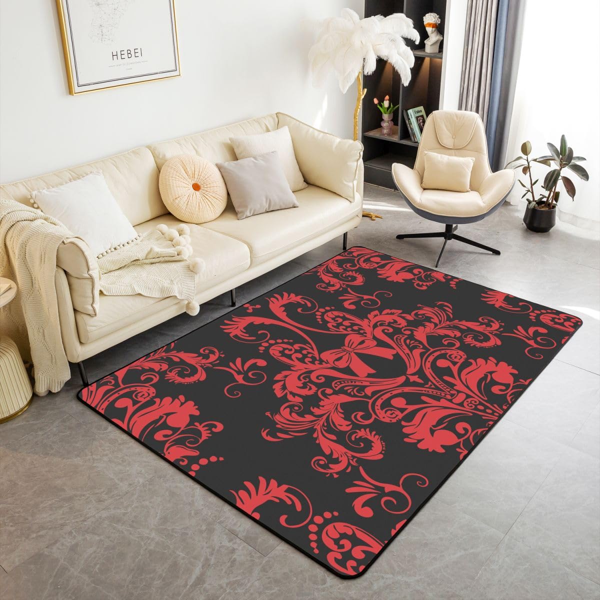 Homewish Czerwony adamaszek dywaniki 150 x 200 cm do sypialni salonu - tęczowy gotycki nowoczesny dywan podłogowy vintage boho kwiatowy duże dywany antyczny wiktoriański nie gubi włosia dywan wystrój