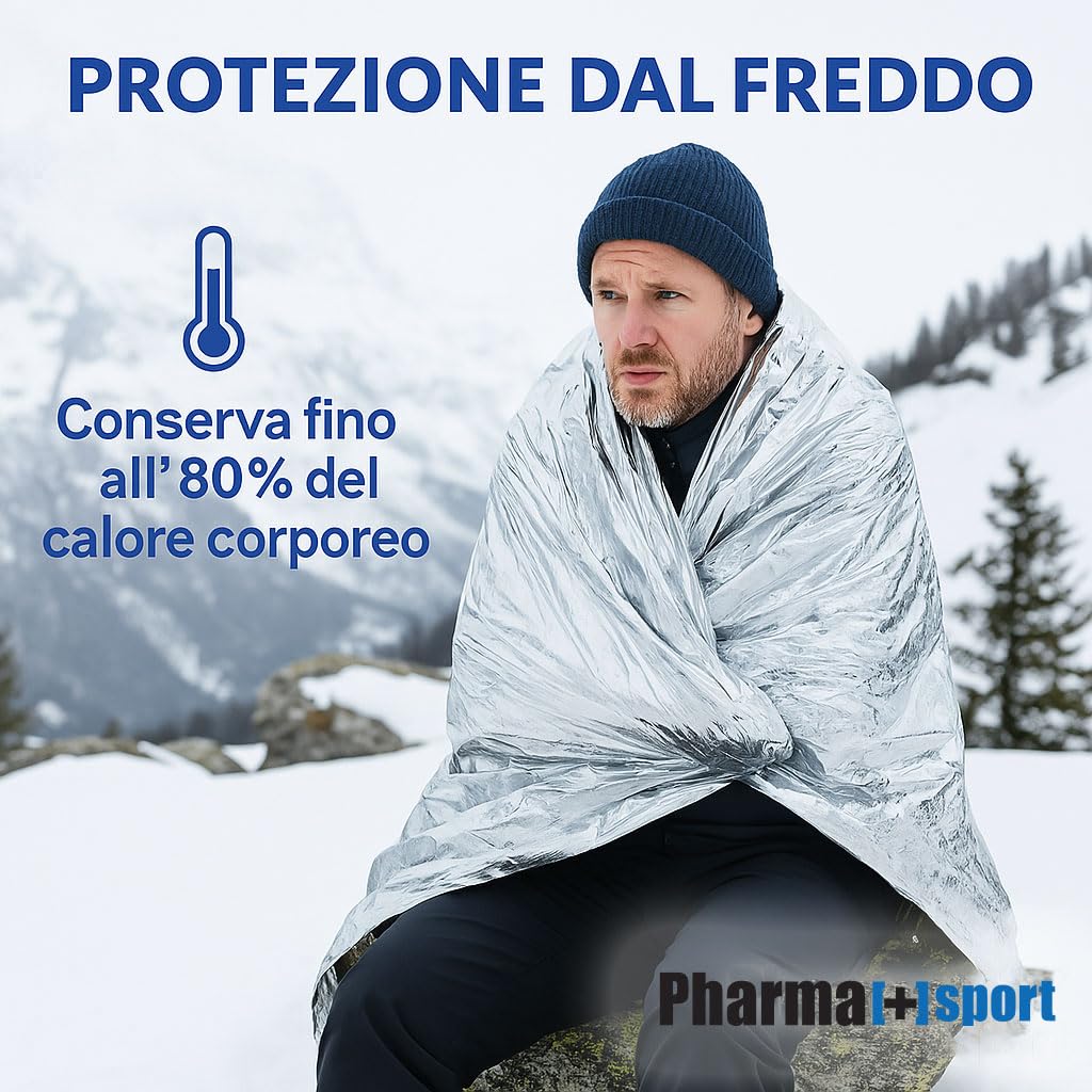 PHARMA+SPORT Coperta Termica Emergenza 160x220 cm Telo Isotermico Oro/Argento per Sopravvivenza, Primo Soccorso e Outdoor –Trattiene Calore e Protegge da Sole e Freddo (160x220 Cm, 4, Unità)