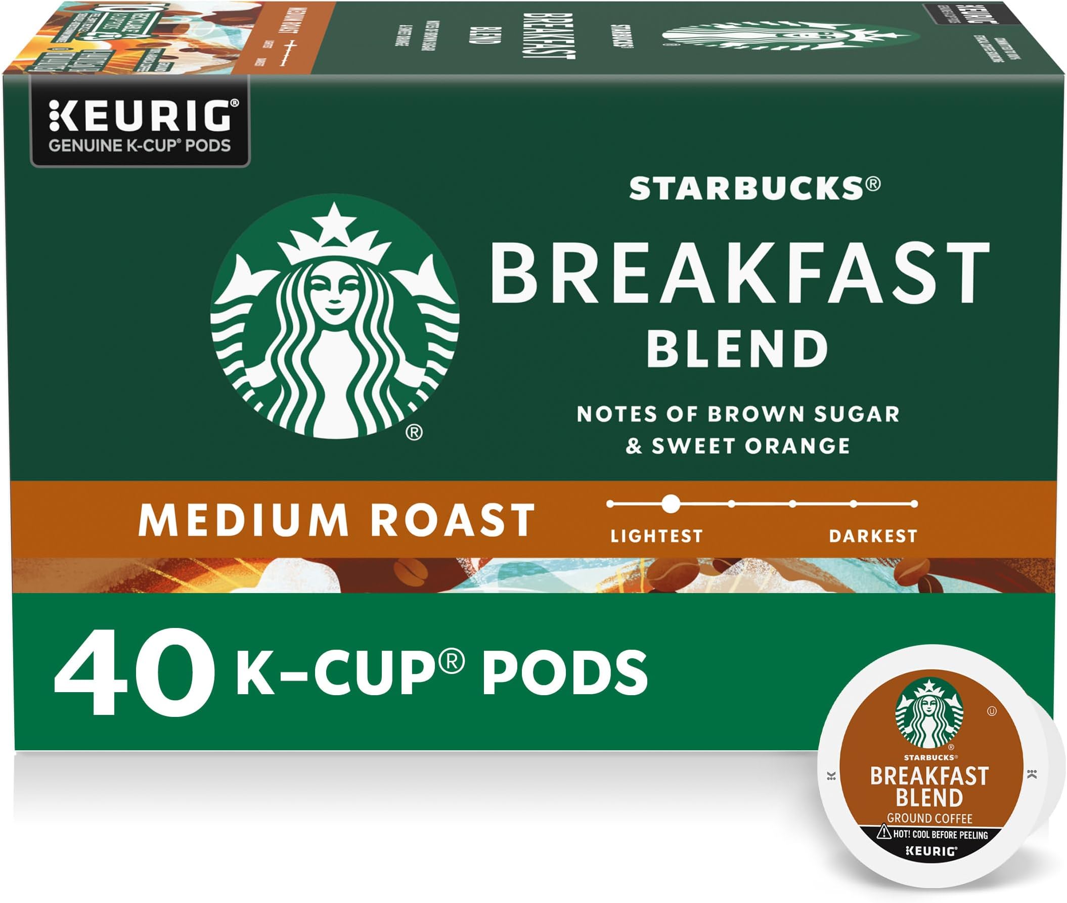 Starbucks K-Cup Coffee Pods, Medium Roast Hot or Iced Coffee, Breakfast Blend, 40 Keurig Pods