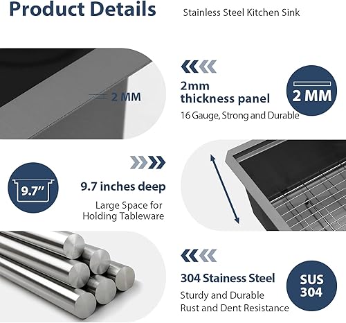 Miniatura 213 de Lordear Fregadero de cocina de montaje inferior de 23 pulgadas, estación de trabajo, fregadero de cocina de acero inoxidable calibre 16, cuenco