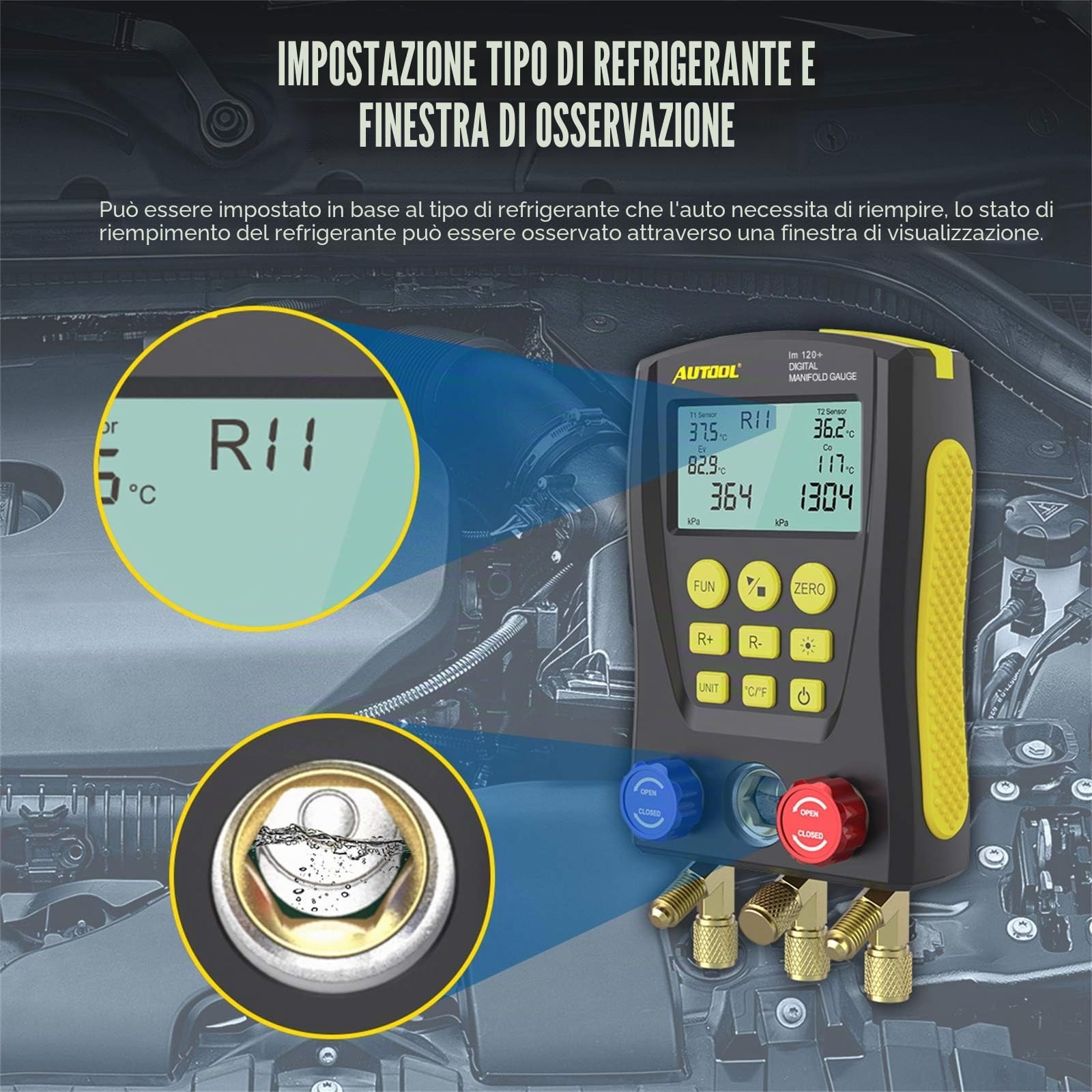 Refrigerazione Digital Collettore Gauge Meter HVAC Vacuum Pressure Tester Kit con clip di prova e tubo per la manutenzione del condizionatore d'aria, frigorifero (LM120+)