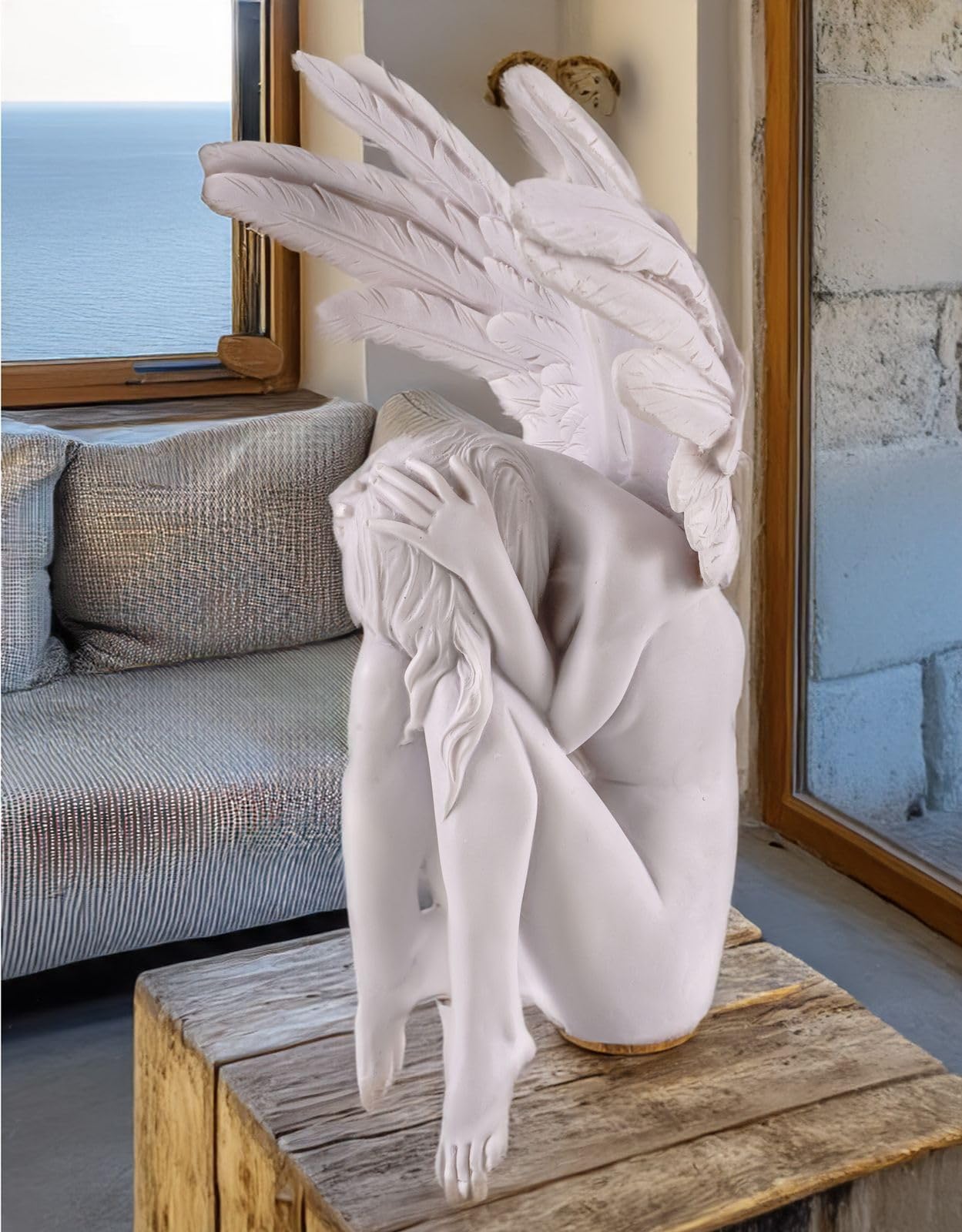 Kremers Schatzkiste - Dekofigur Großer Engel der Traurigkeit Kantenhocker 30 cm Weiß Angel Engelsfigur zum hinstellen für den Innenbereich Polyresin Angel of Sadness