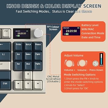 RK86 Wireless Mechanical Keyboard, Gaming Keyboard Gasket Mounted, 3 Modes (2.4Ghz/Bluetooth/Type C) Apex Pro TKL RGB 75% Gaming Keyboard, TFT Color Screen, Knob, Hot Swappable Linear Key