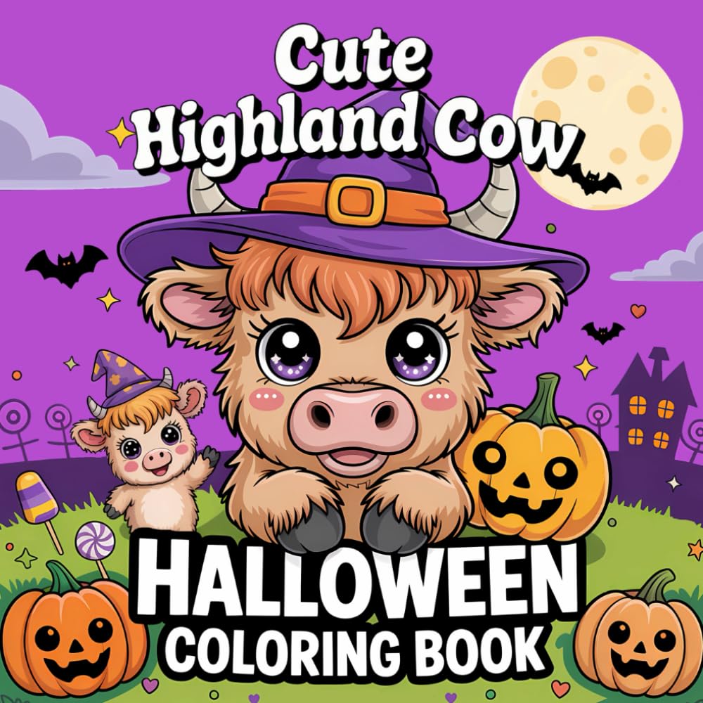 Cute Highland Cow Halloween Coloring Book: Beautiful and Spooky Scottish Cows Halloween Easy Illustrations for Relaxation and Creativity