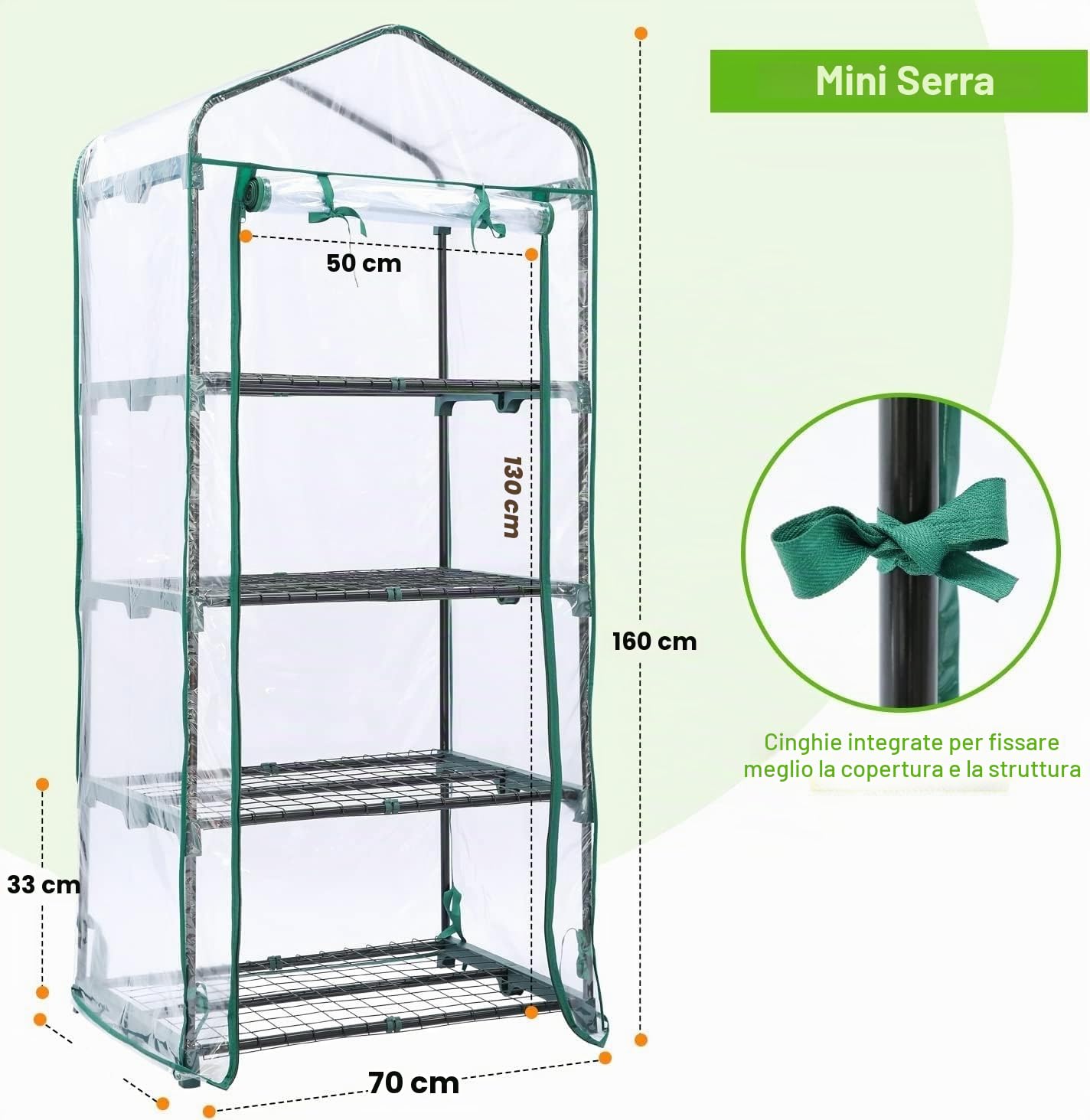 LATERN 4 Ripiani Mini Serra, 160CM x 70CM x 50CM Piccola Serra Struttura e Copertura in PVC Trasparente con Porta Avvolgibile con Cerniera per Piante Protezione da Freddo Gelo Vento Pioggia