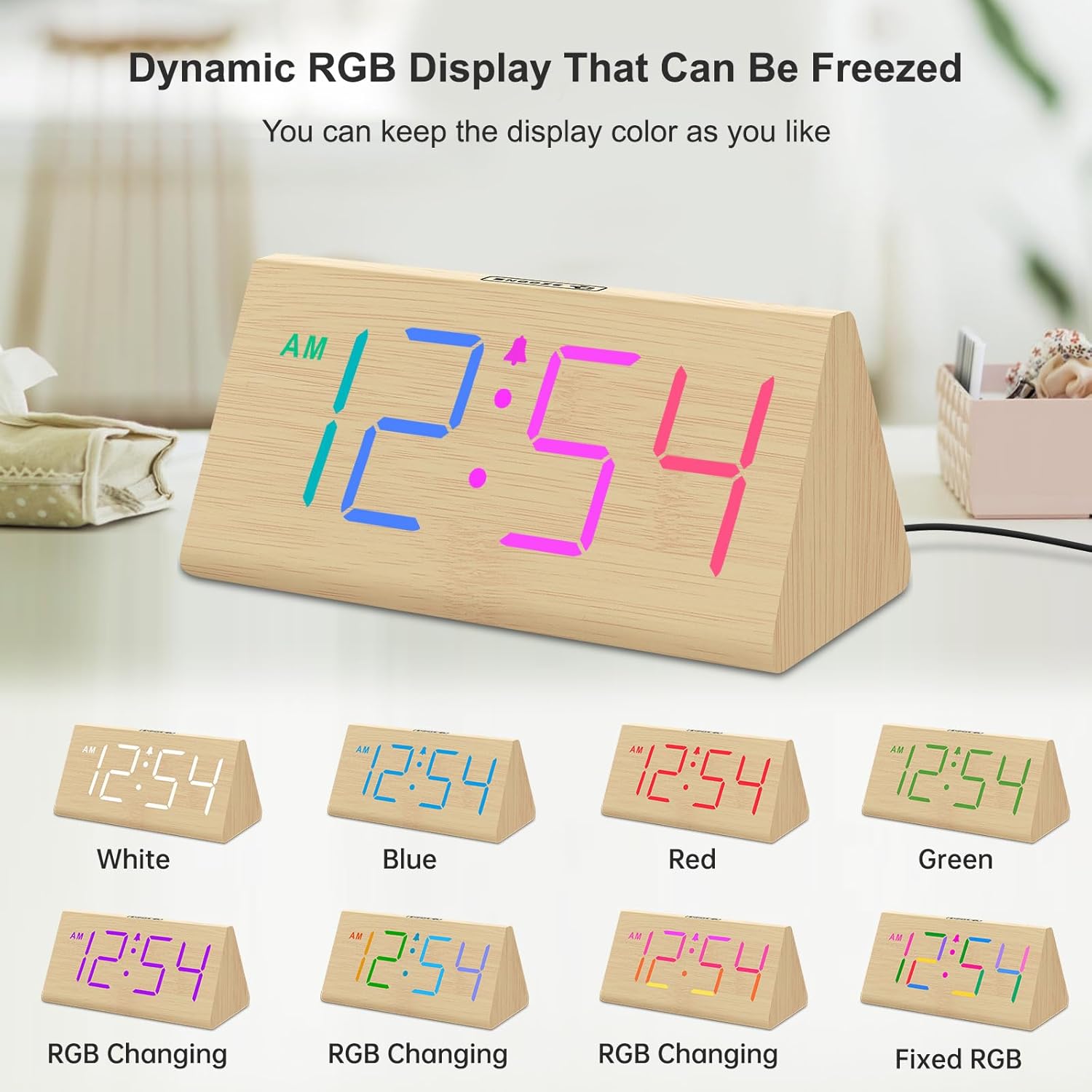 DreamSky Digital Alarm Clock showcasing various RGB color display options, including static colors and color-changing modes.