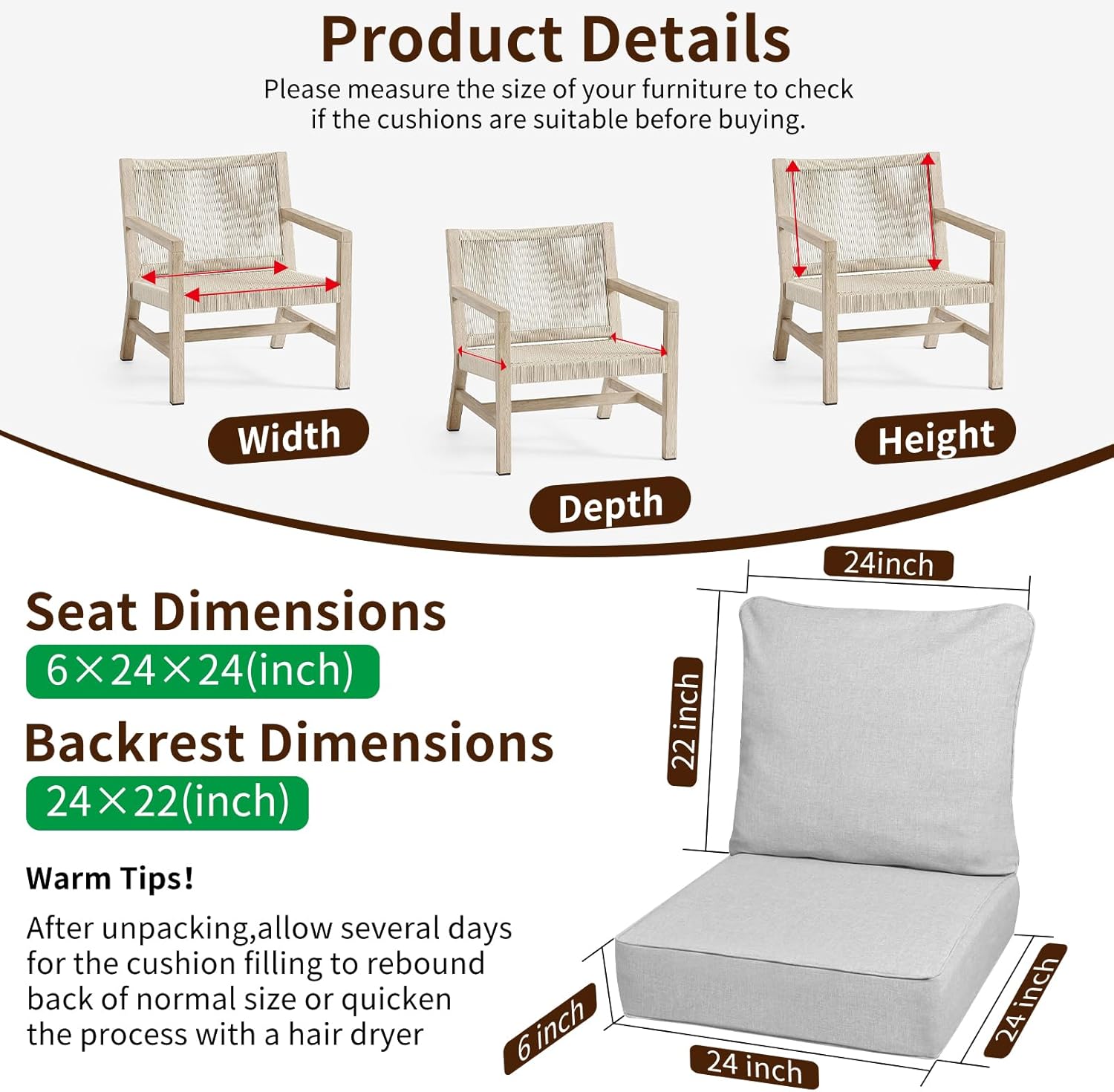 6 Inch Thick Outdoor Deep Seat Cushions for Outdoor Furniture Waterproof Patio Seat Cushions with Removable Cover and Adjustable Ties, 24x24x6 Inches Outdoor Chair Cushions Set of 2, Light Gray