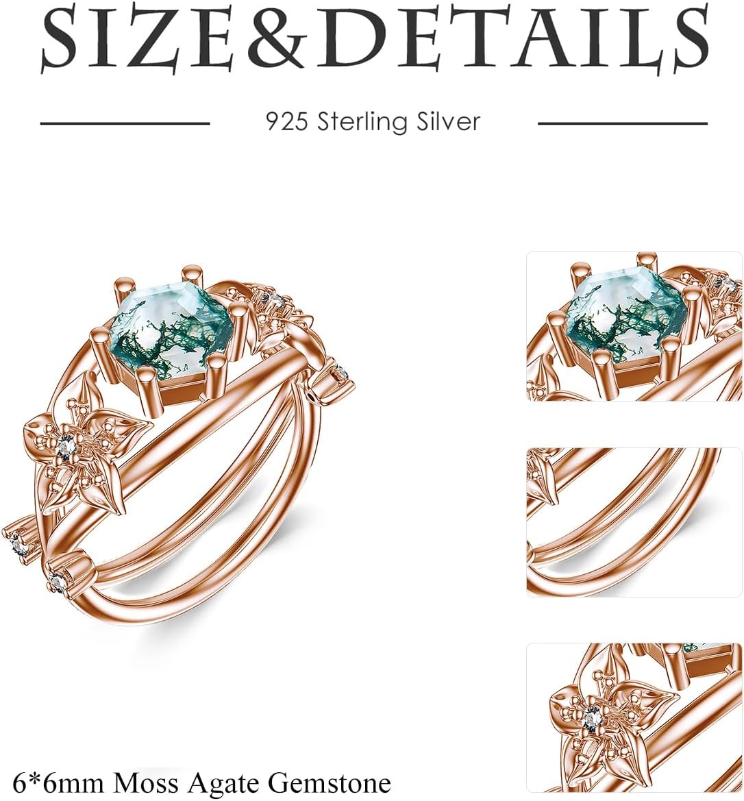 925 Sterling Silver Hexagonal Natural Moss Agate Engagement Ring for Women Stackable Promise Rings Flower Jewelry Set Rose Gold Plated - Image 6