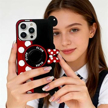 iPhone 14 Pro用ケース かわいい iPhone 14 Proケース ミニー用 3Dカートンカメラ 回転リング グリップホルダー キックスタンド ランヤード ティーンズ ガールズ レディース シリコンカバー iPhone 14 Pro 6.1インチ ディスプレイ用 14 Pro
