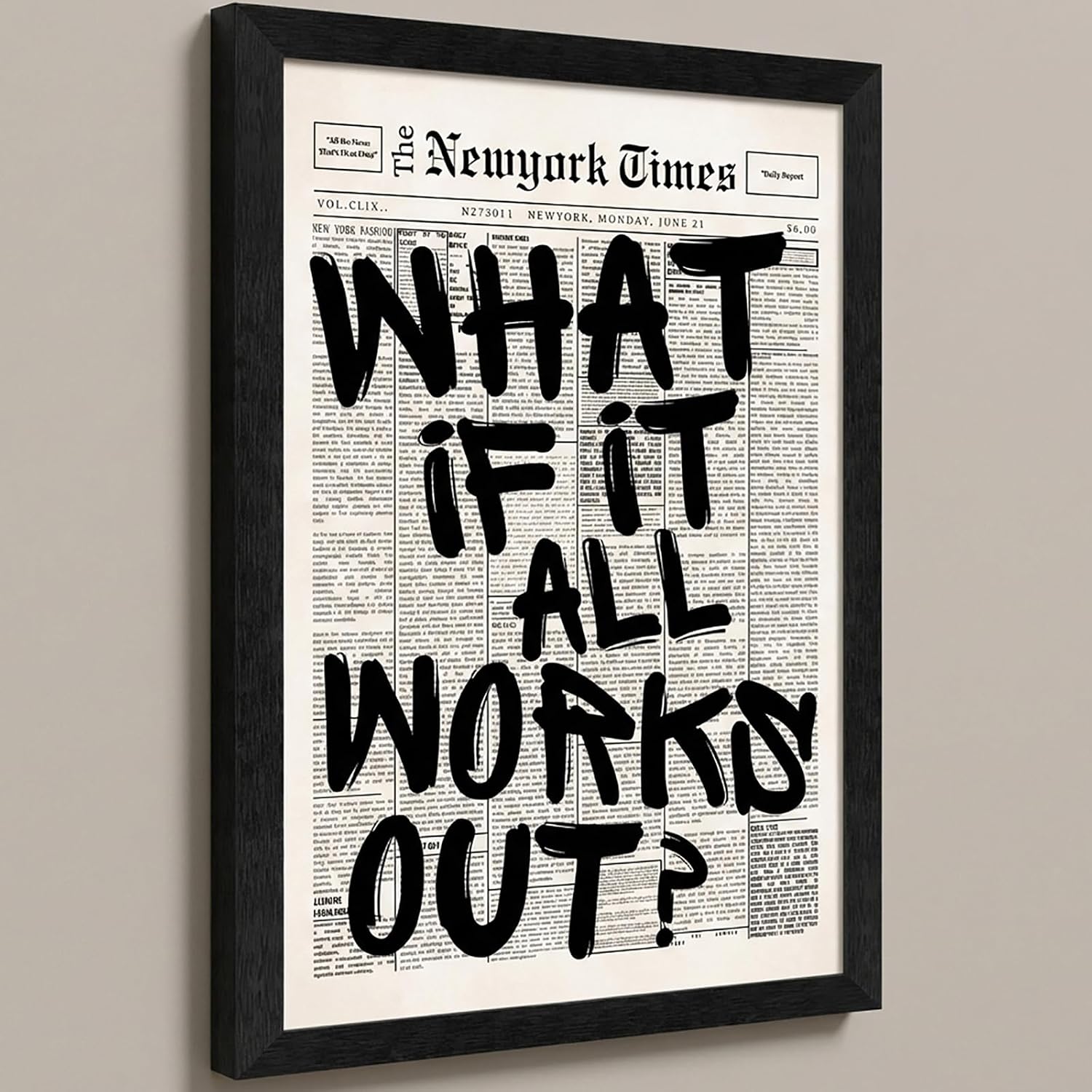 12X16 Inch Black Frames What If It All Works Out Canvas Wall Art, Black And White Newspaper Motivational Poster, Inspirational Wall Decor, Positive Affirmations Quote Print For Bedroom Dorm Office