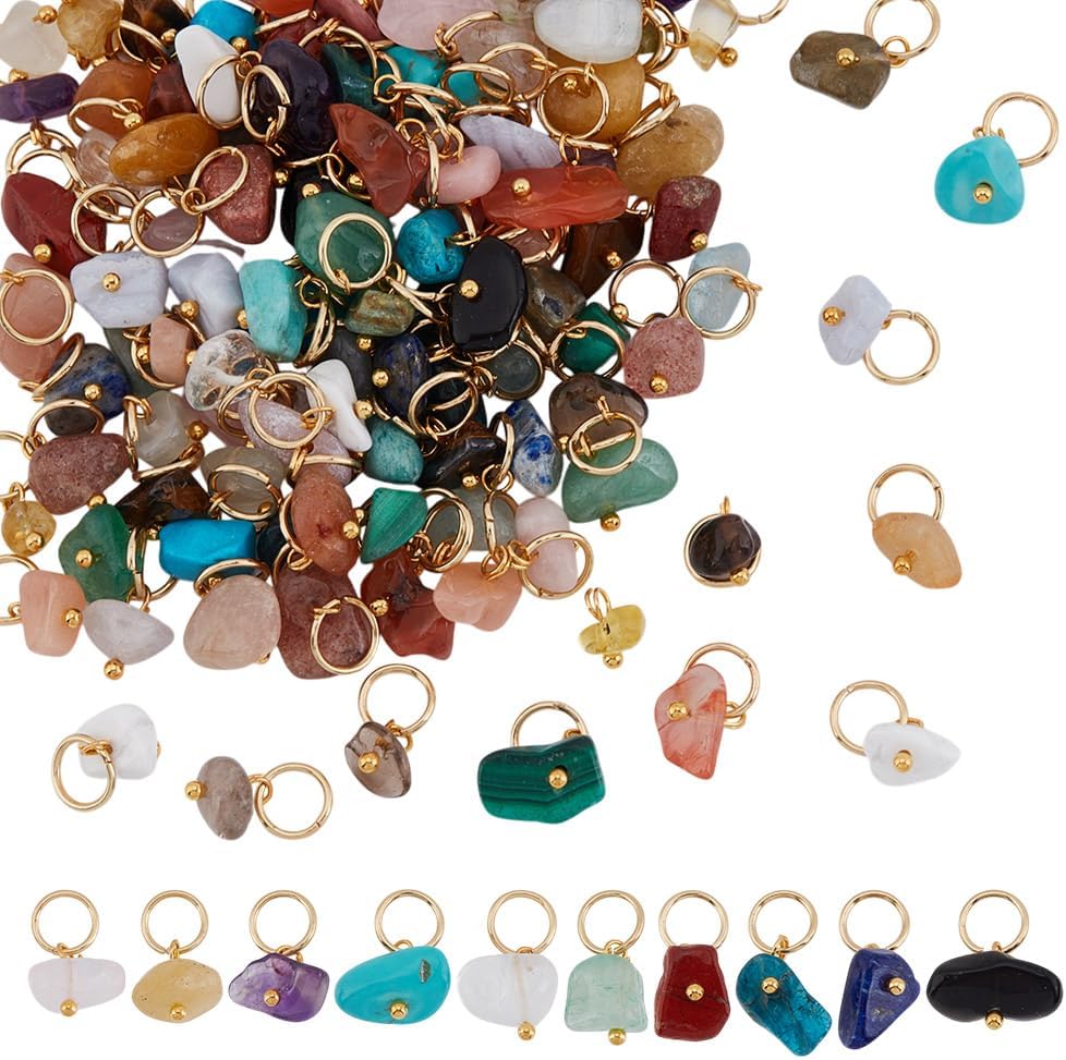120Pcs Natural Stone Charms 30 Styles Nuggets Gemstone Chip Charms Small Gemstone Dangle Pendant with Stainless Steel Jump Ring for Jewelry Making