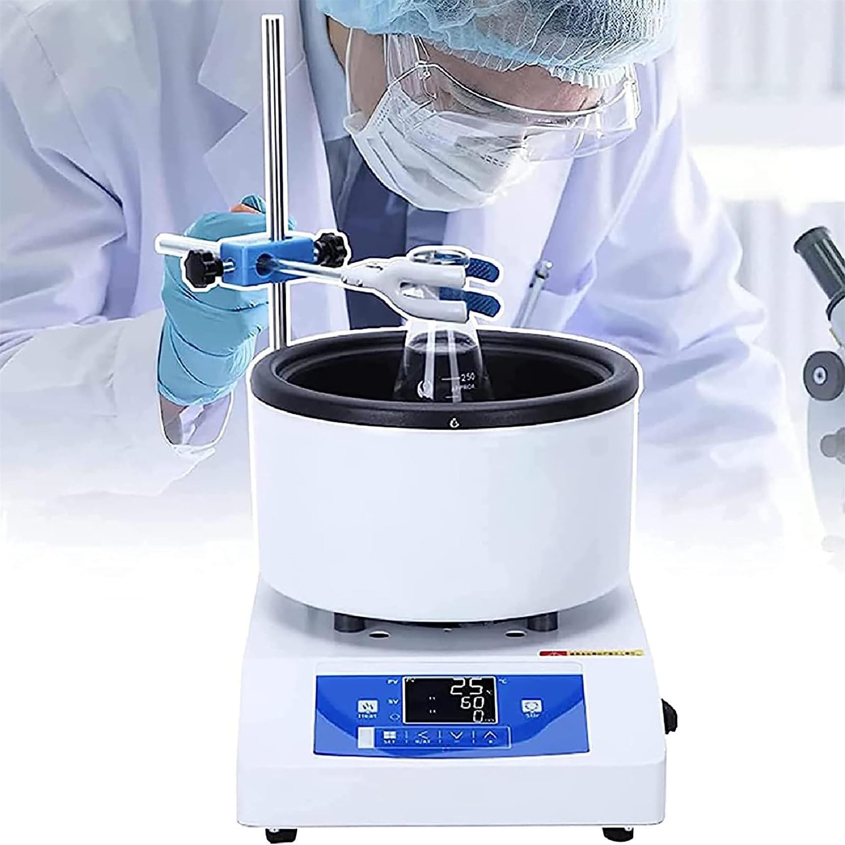 Agitador magnético con calefacción, velocidad ajustable 50-2000 rpm, capacidad de baño de agua y aceite para un control preciso de la temperatura en experimentos científicos