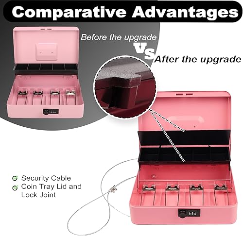Miniatura 5 de Polspag Caja de efectivo con cerradura de combinación, cajas de efectivo con bloqueo con cable de seguridad y bandeja para monedas, caja de dinero