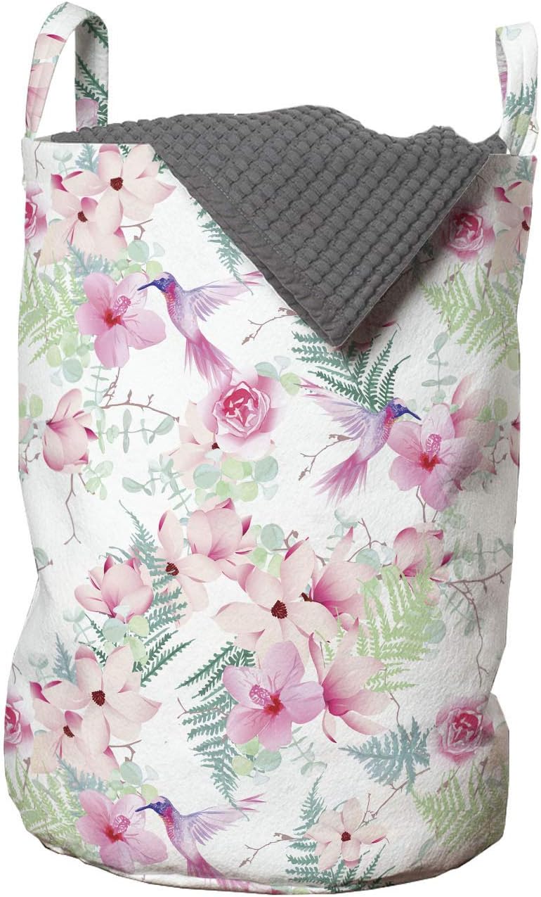 Lunarable Hummingbird Laundry Bag, Romantic Valentine's Day Themed Love Roses Hibiscus Background with Colibri, Hamper Basket with Handles Drawstring Closure for Laundromats, 13" x 19", Multicolor