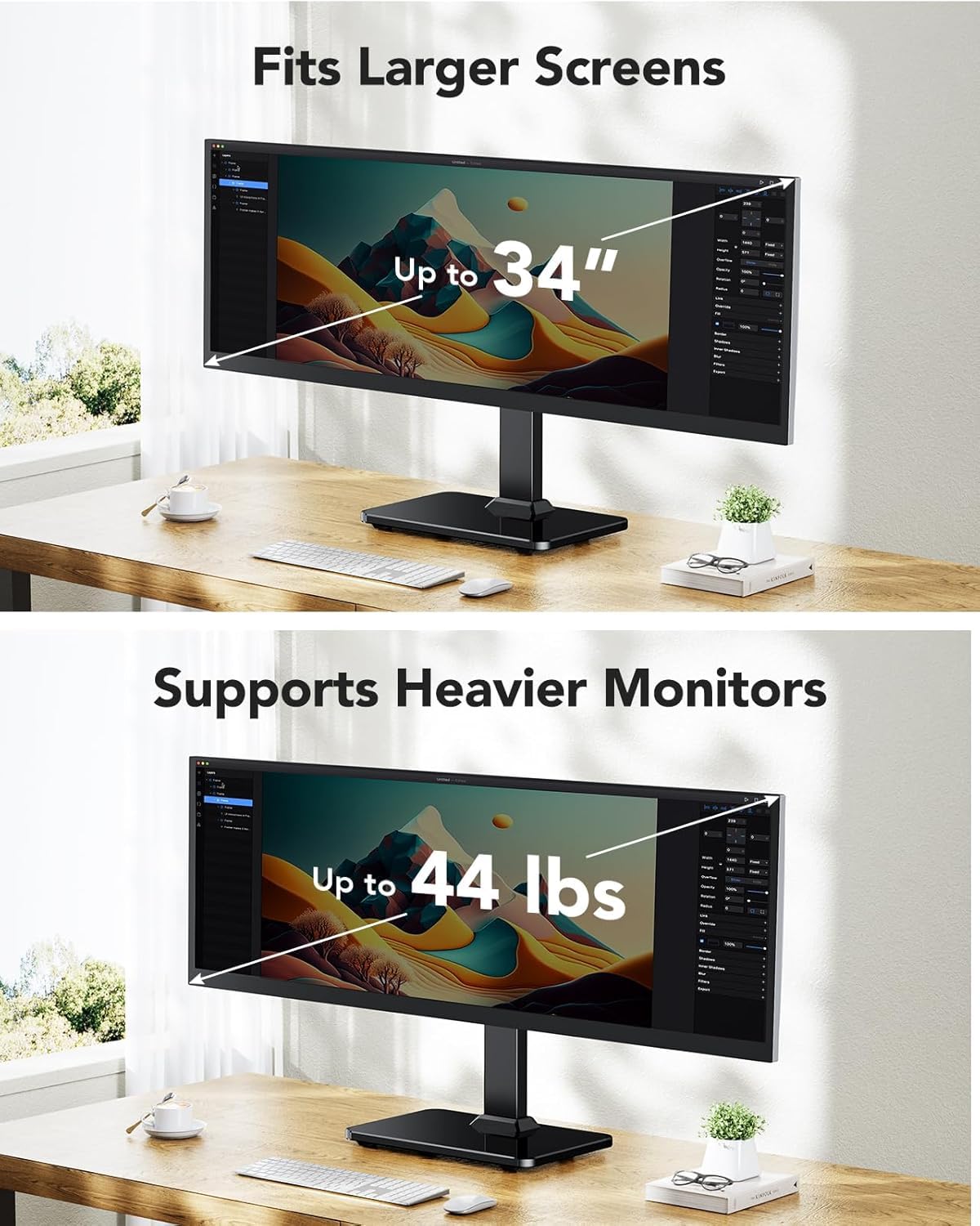 HUANUO Supporto Monitor Scrivania, Supporto VESA Indipendente Schermi 13-34 Pollici, Supporta fino a 20kg, 5 Opzioni di Altezza, Supporto Monitor Girevole con Rotazione a 360°, VESA 75x75mm/100x100mm
