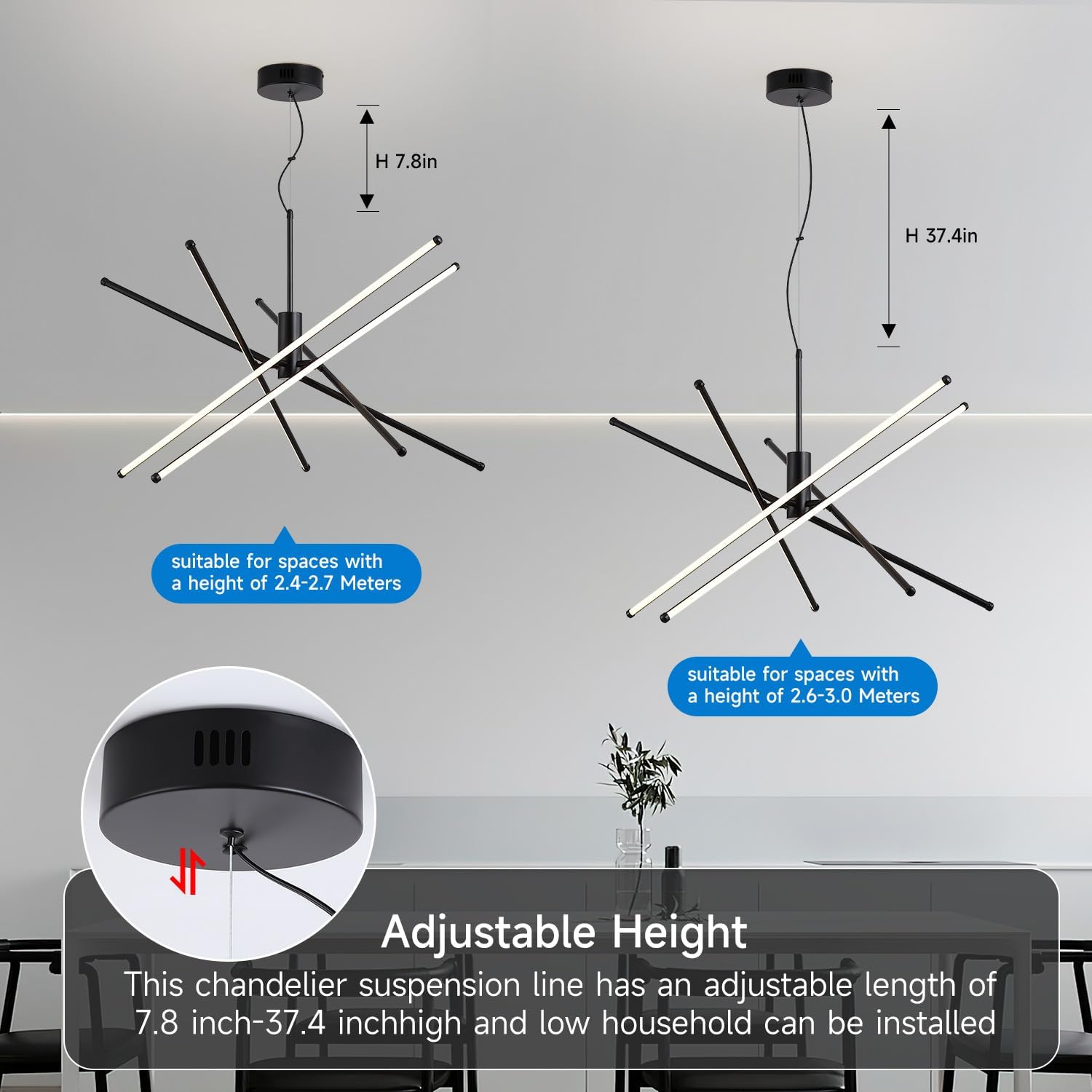 Modern Black Sputnik Chandelier, 5-Light Linear LED Pendant Light with Remote Control, Dimmable 68W, Adjustable Length 35.4 inch for Dining Room Living Room Kitchen Island